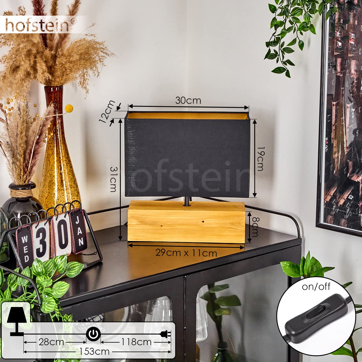 Tischleuchte Geneva, Nachttischlampe aus Holz/Stoff in Natur/Schwarz/Goldfarben, Tischlampe 1-flammig im skandinavischen Design, E27, Länge 30 cm, Leucht m. An-/Ausschalter am Kabel, ohne Leuchtmittel