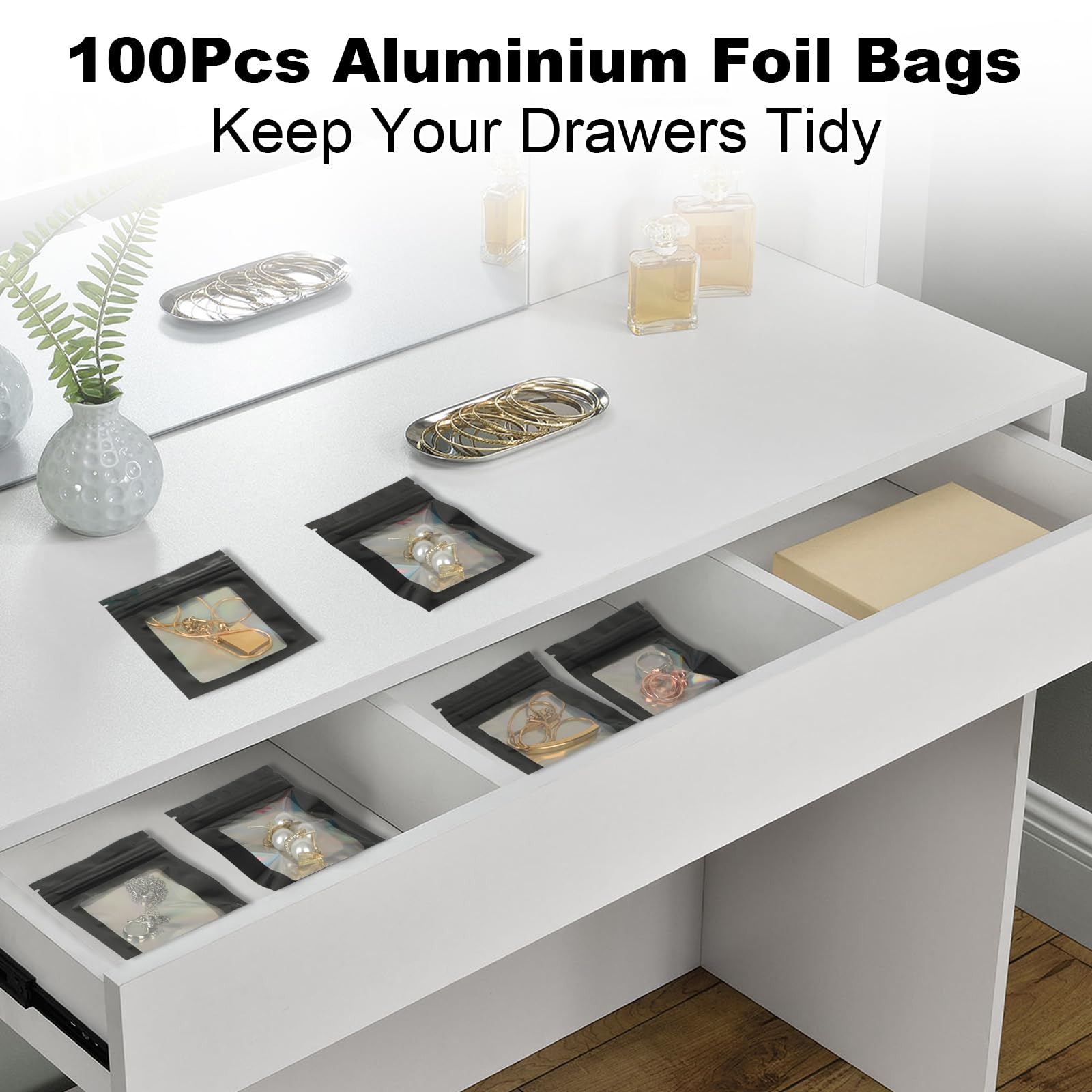 KOMABLEN Mylar Bags, 100 sztuk czarnych woreczków Mylar, 7 x 10 cm, plastikowe torebki wielokrotnego zamykania, torebki strunowe z przezroczystym okienkiem, torby na biżuterię, słodycze