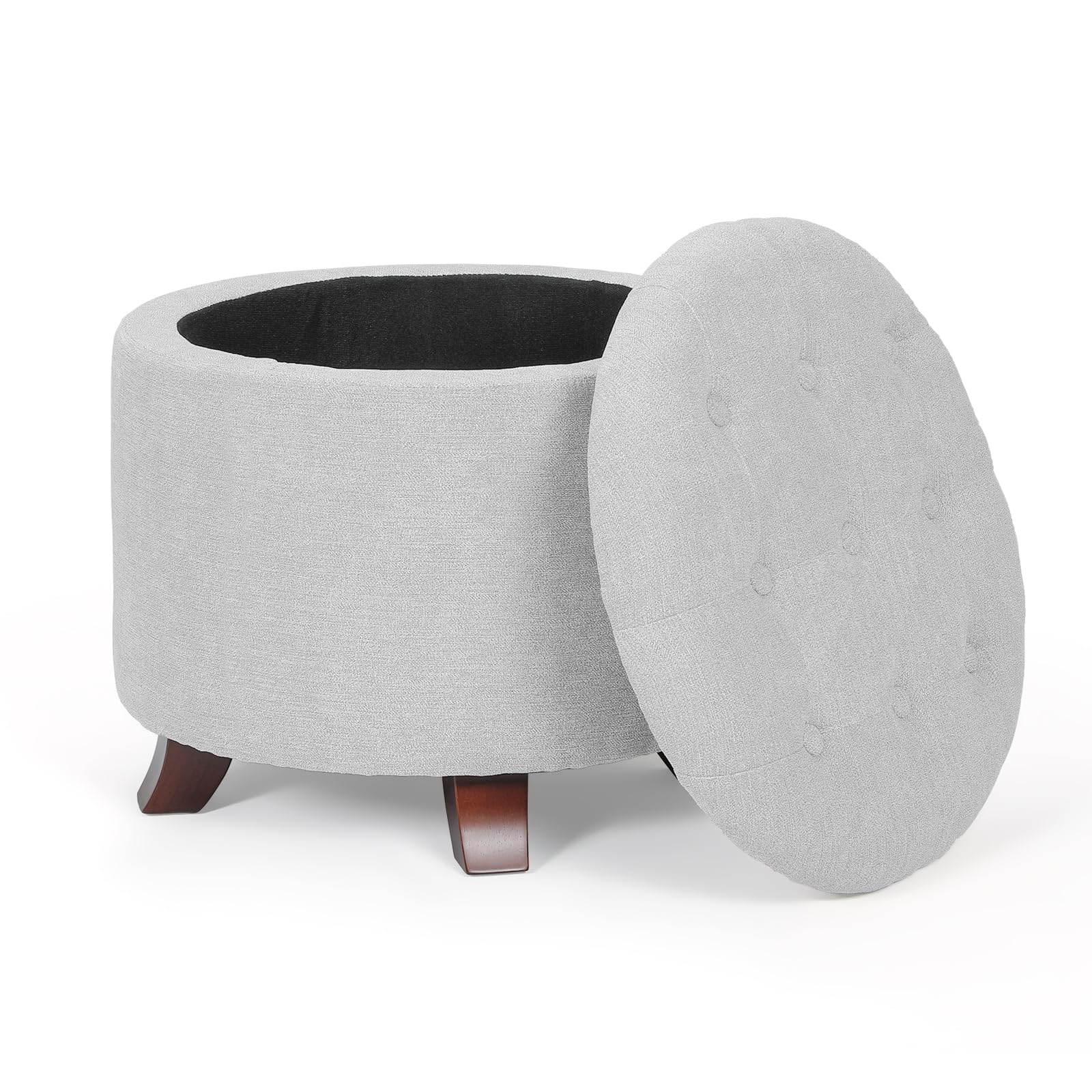 Athena Collection 20 Inch Small Ottoman with Storage, Round Linen Fabric Storage Ottoman with Removable Lid, Stylish Footstool Foot Rest for Living