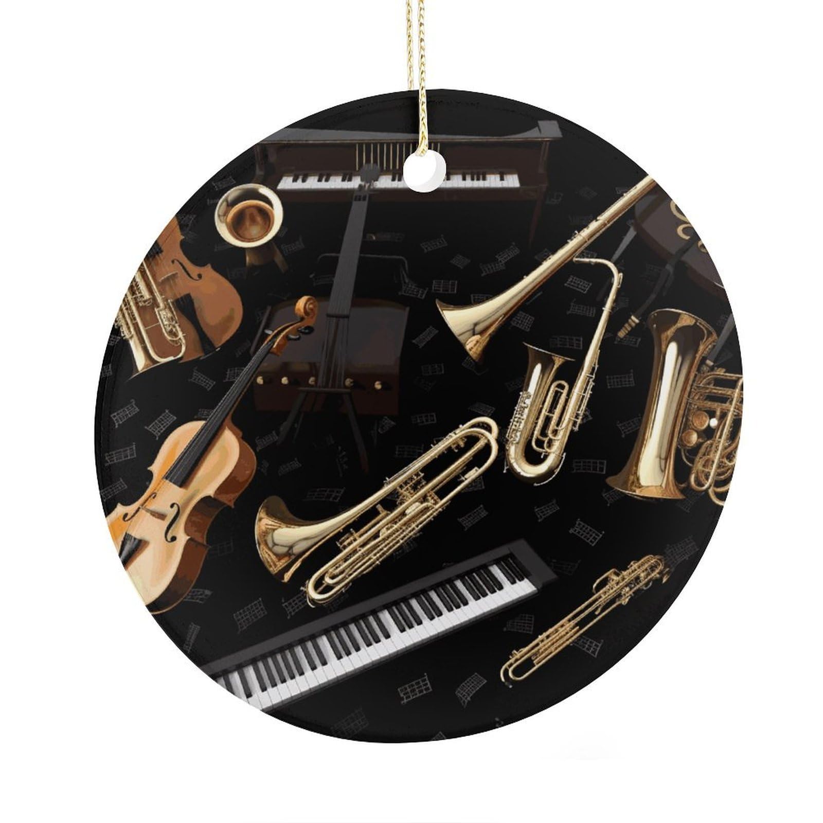 Fekiloot Style Musical Instruments Christmas Ornaments 2.9 Inch Round Ceramic Ornament Keepsake Thank You Gifts For Office, Room, Home - Holiday Present Ideas