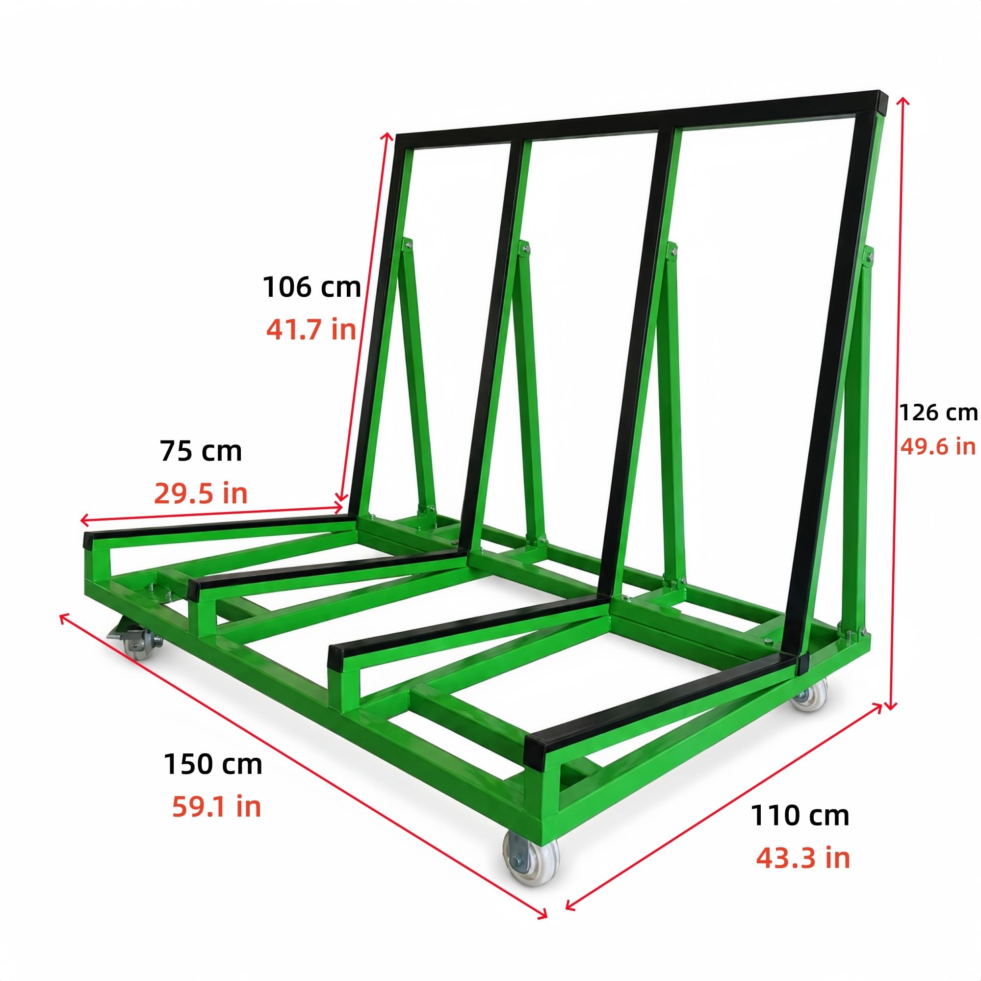 Plattenwagen mit Neigrahmen for Gipskarton, Glas, Steinplatten und Türen | PVC-Kontaktstreifen und vier Rollen for kontrolliertes Bewegen und Abstellen(Green)