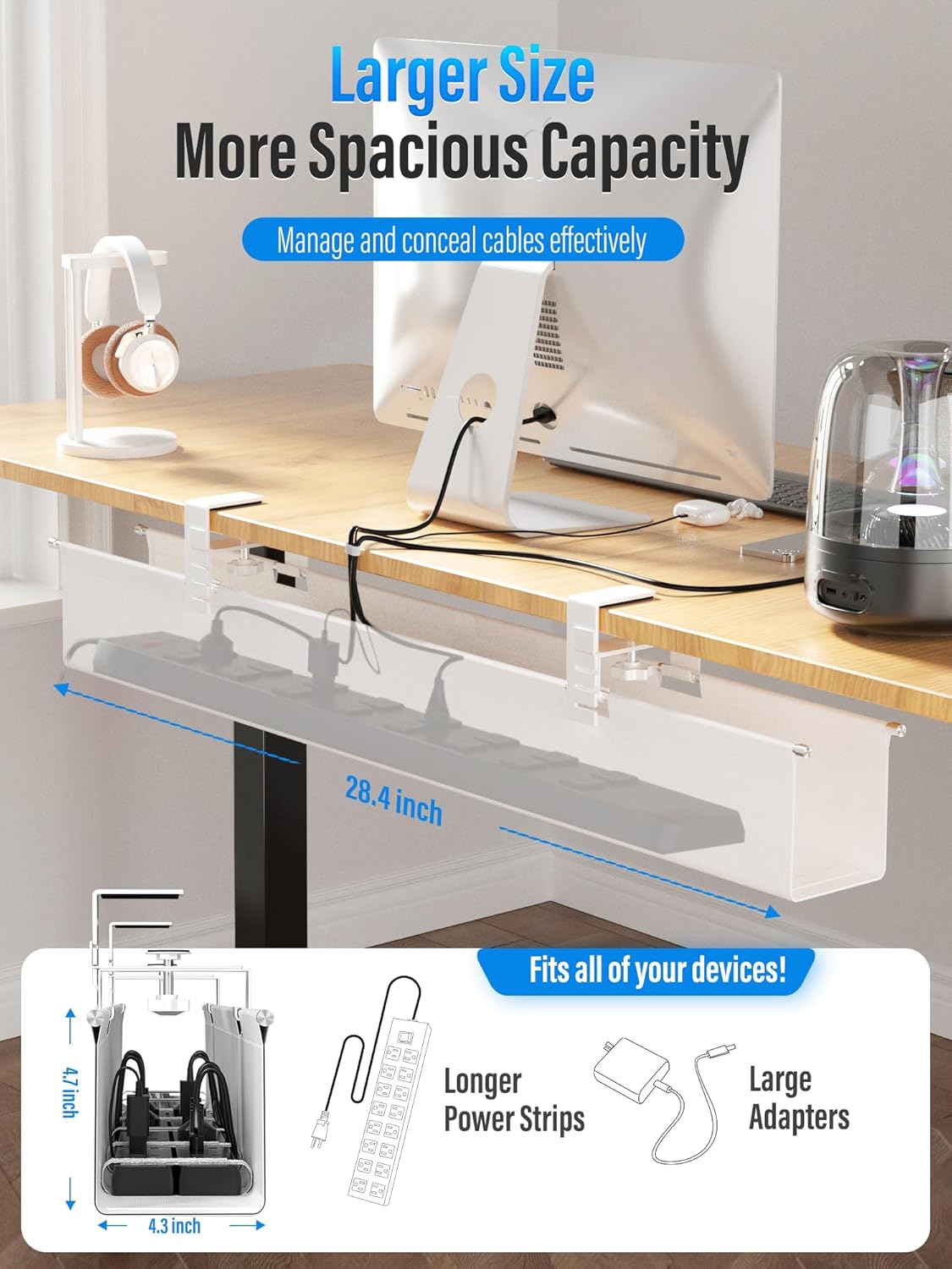 [Upgraded] Large Under Desk Cable Management Tray, Cinati Cable Management Under Desk No Drill, 28.4" Fabric Cord Hider for Wire Organizer, Cord Organizer for Office, Home - Supports Up to 30lbs White