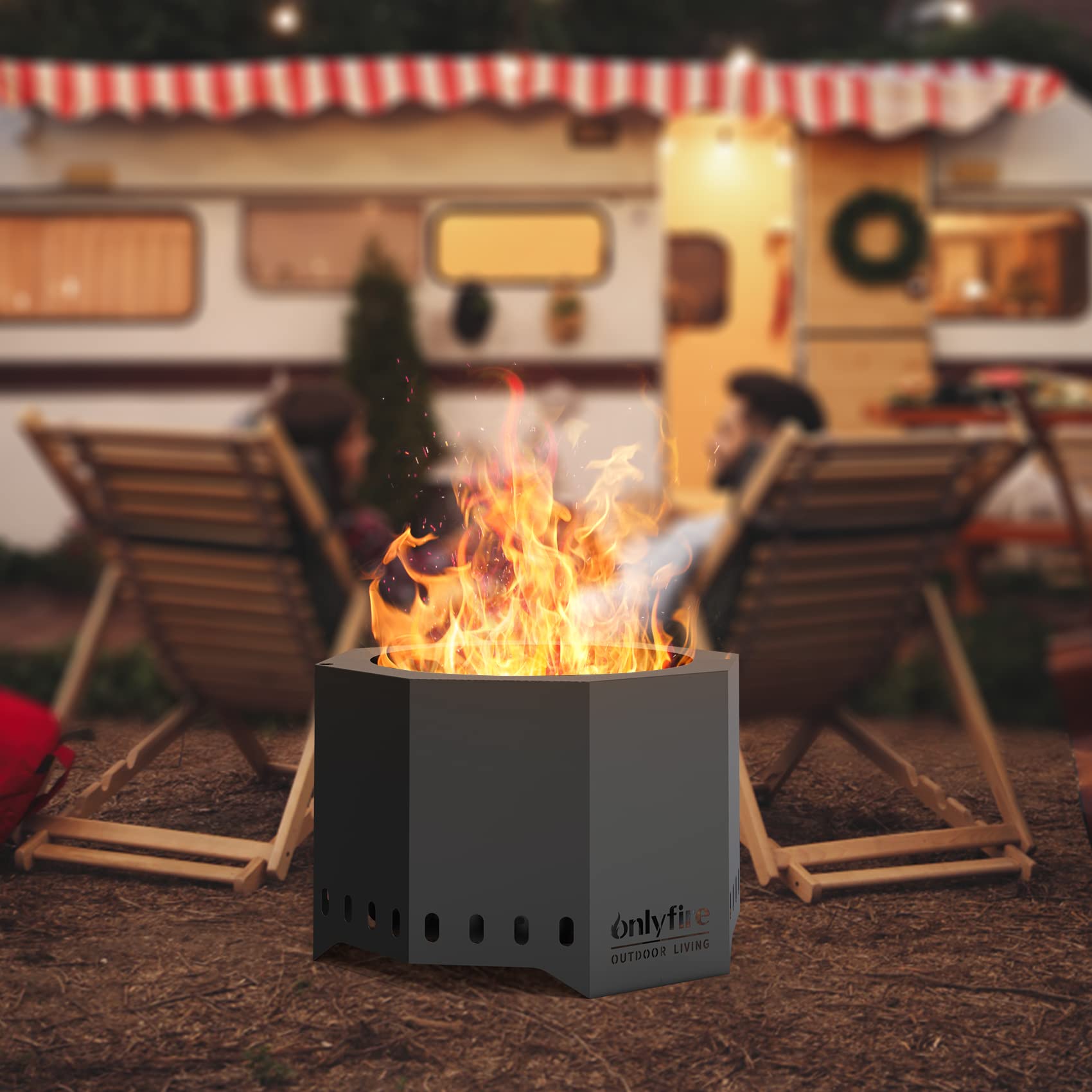 onlyfire Rauchfreie Feuerschale mit Abnehmbarer Aschekasten, ⌀60 cm Feuerstelle Outdoor für den Garten Terrasse Camping, Mobile Feuerkorb, Achteckig, Schwarz