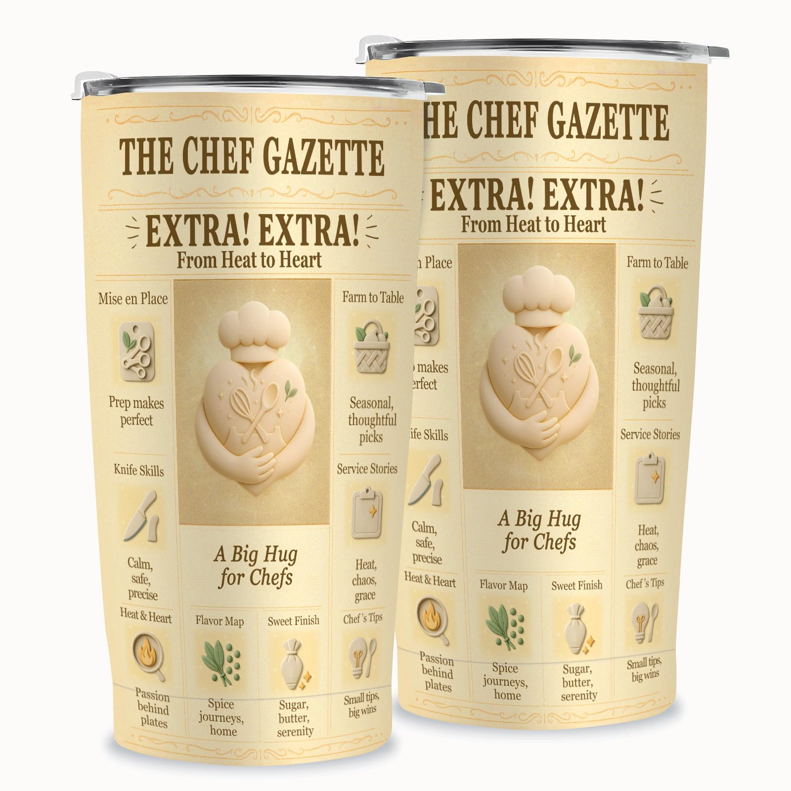 Chef Gifts 20 oz Tumbler, Vintage Newspaper Print Insulated Stainless Steel Travel Mug for Men & Women, Retro Culinary Appreciation Cup