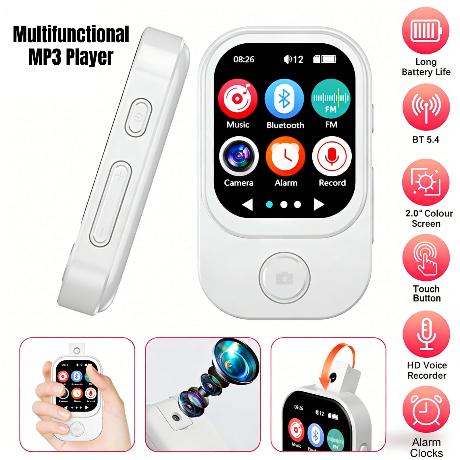 MP3 Player Bluetooth 5.4 con Cámara de 2.01 Pulgadas Touch Screen Sound Searter Player MP3 Player con FM Radio E-Libro E-Libro Despertador El Video de (64G Tarjeta de Memoria pequeña)