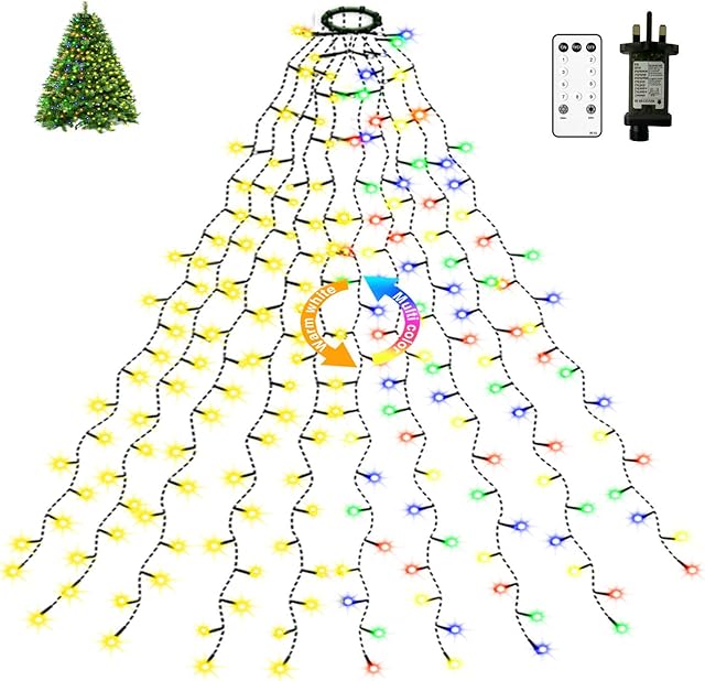 Christmas Tree Lights 2m * 10 Lines Mains Powered, Warm White + Multicolor 2 in 1 Fairy Lights 200 LED for 5-9ft Christmas Tree, Easy to Install Tree Decoration String Lights for Indoor/Outdoor