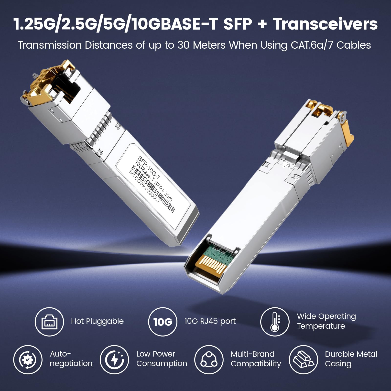 10G SFP+ RJ45 Transceiver 30 Metros, Módulo de Cobre Cat6/Cat7 1.25/2.5/5/10GBase-T con Chip Marvell y DDM para Cisco SFP-10G-T-S, Ubiquiti, MikroTik S+RJ10, Netgear, TP-Link, D-Link