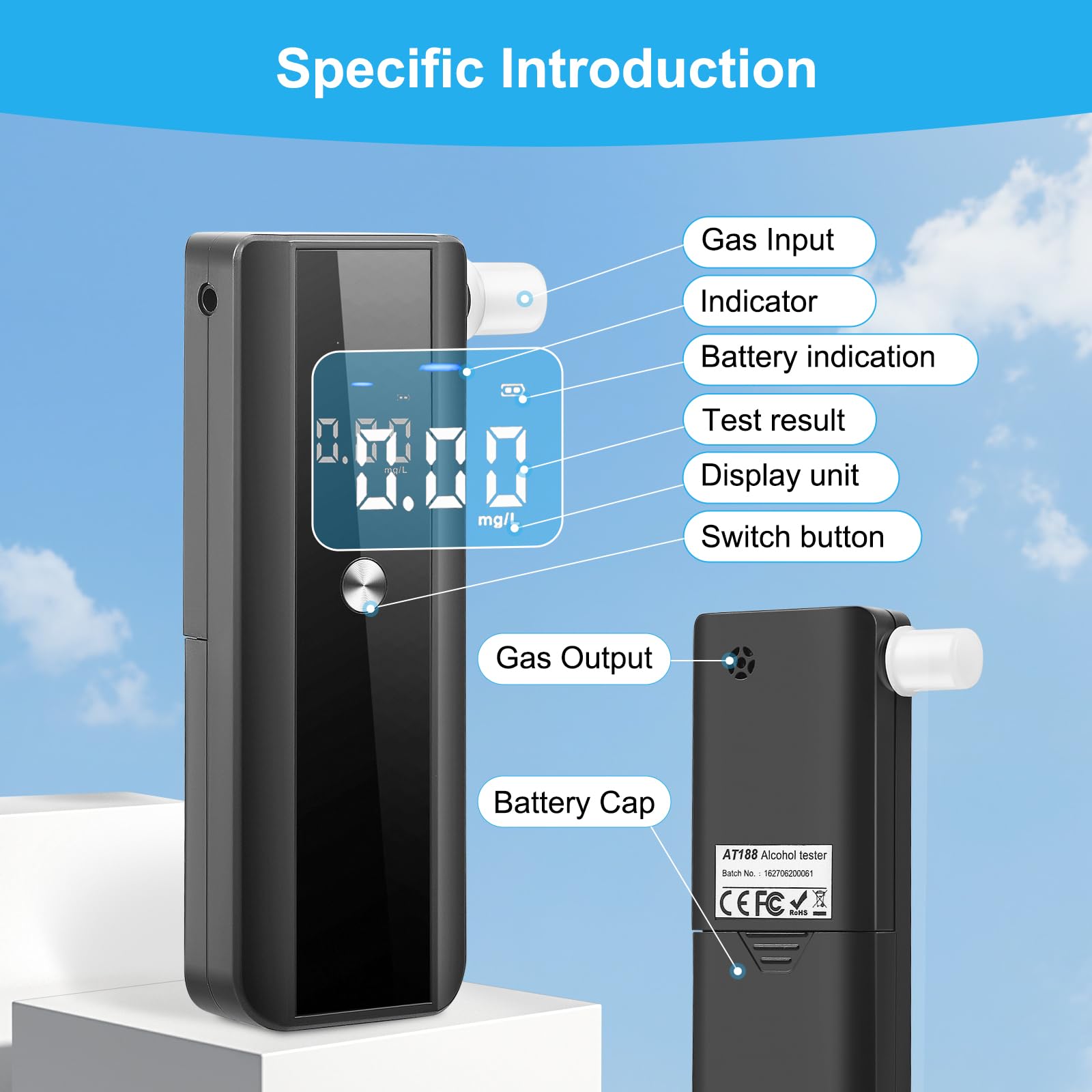 Alcoholímetro Profesional, Detector de Alcohol en el Aliento de Alta Precisión 0.01% BAC, Portátil con Pantalla LCD Digital e Incluye 10 Boquillas Desechables