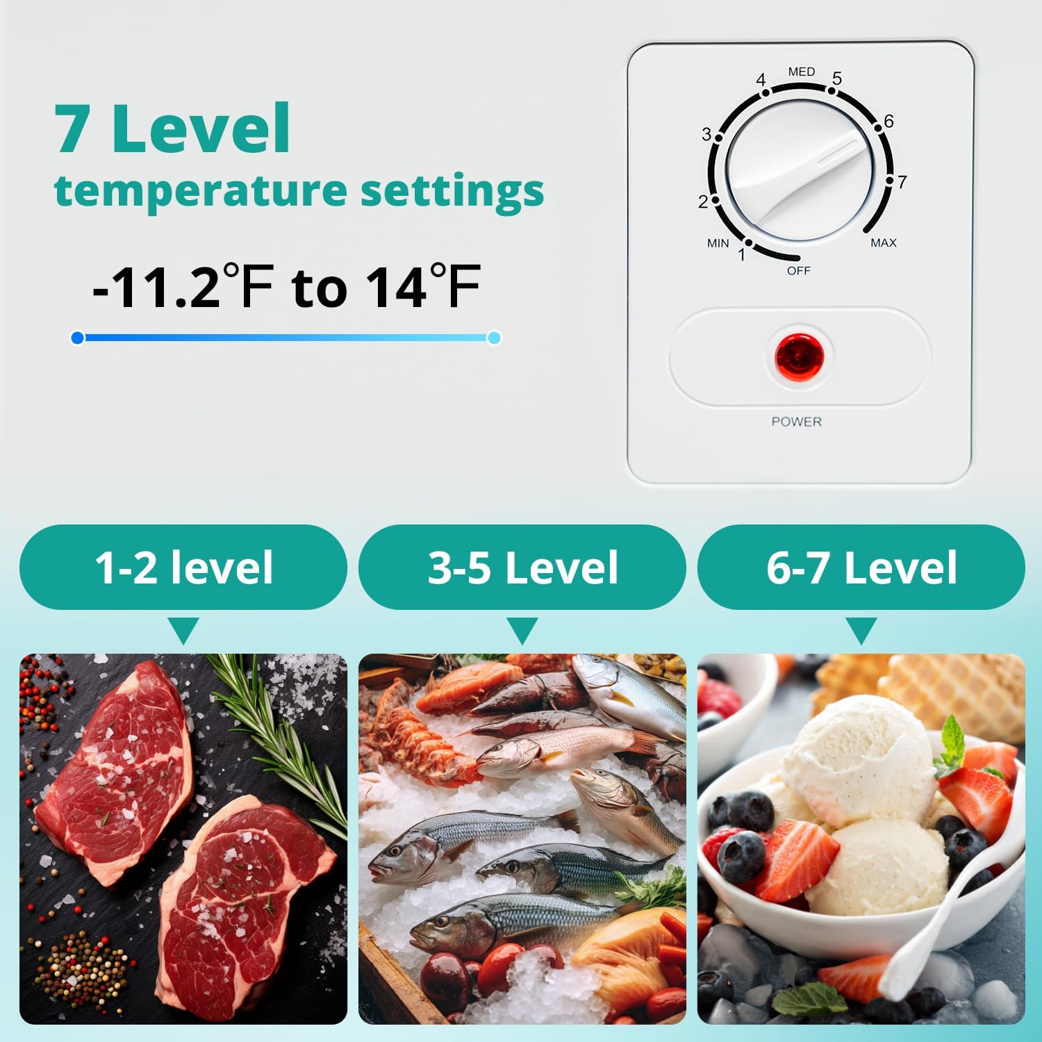 Close-up of the 7-level temperature control dial on the SMETA chest freezer.