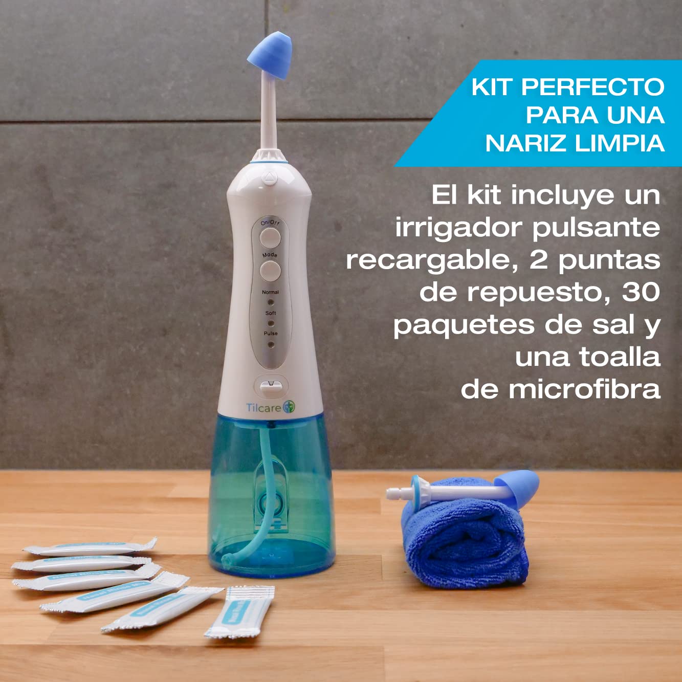 Kit de Lavado Nasal de Tilcare - Máquina perfecta e Irrigador Nasal para aliviar los senos nasales y las alergias - Electric Neti Pot que limpiará su nariz- Viene con una toalla y 30 paquetes de sal