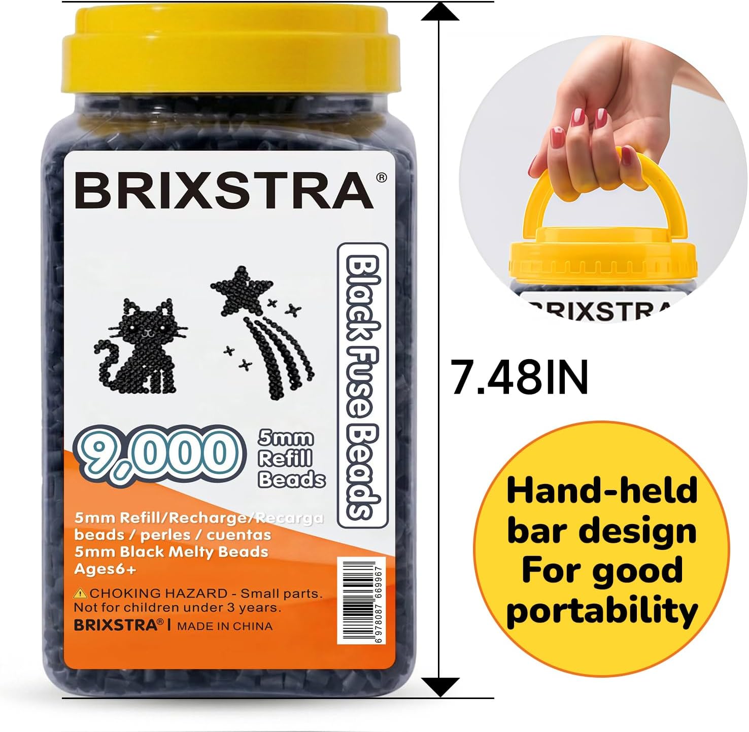 Black Fuse Beads Refill, 9000PCS 5mm Melty Beads in Reusable Storage Bottle, Bulk Black Iron Beads for Outlines, Borders, Pixel Art and Classroom Crafts, Compatible with Perler and Hama