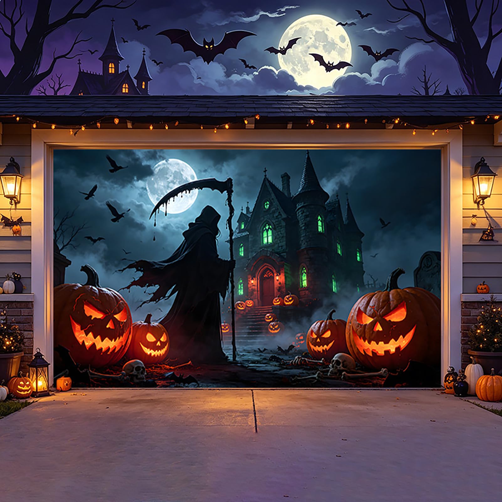 ZFFLYH Halloween Garage Door Decorations Banner Garage Door Backdrop Cover