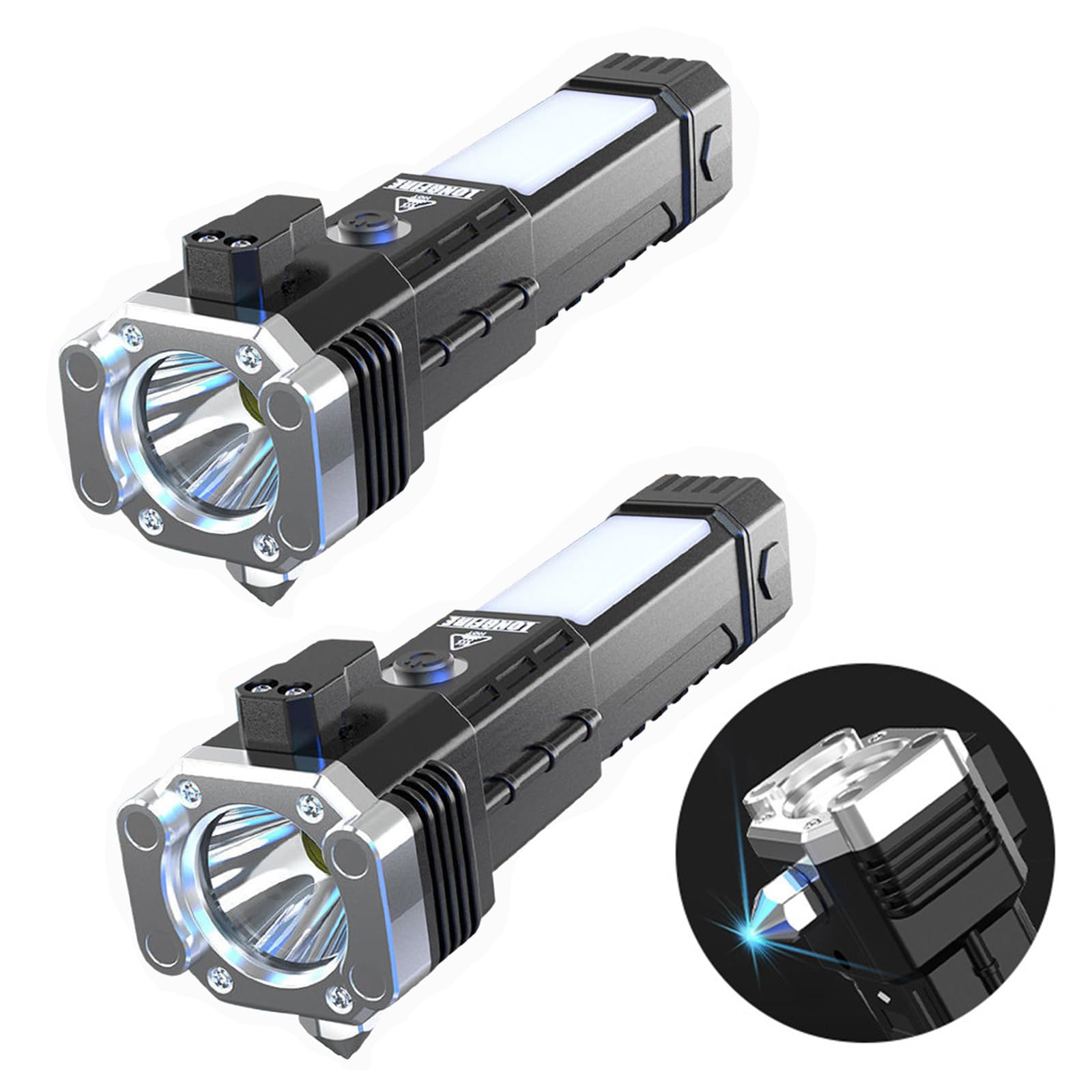 Car Flashlight Multifunctional Torch, Camping Torches LED Super Bright Rechargeable, 12000 Lumens Special Forces Strong Light Flashlight with Safety Hammer [Energy Class A+++] (Silver 2pcs)