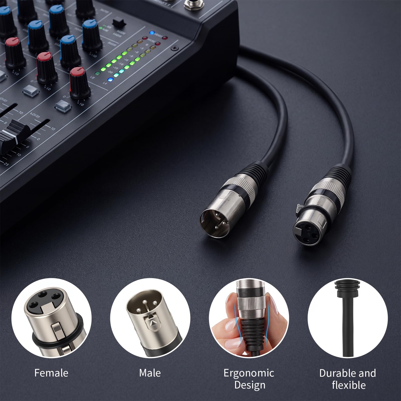 XLR-Kabel, strapazierfähig, symmetrisches Mikrofonkabel mit 3-poligem Stecker auf Buchse, Mikrofonkabel, XLR-Mikrofonkabel für Studio-Monitor, Mixer, DMX, Lautsprechersysteme, Schwarz, Rot