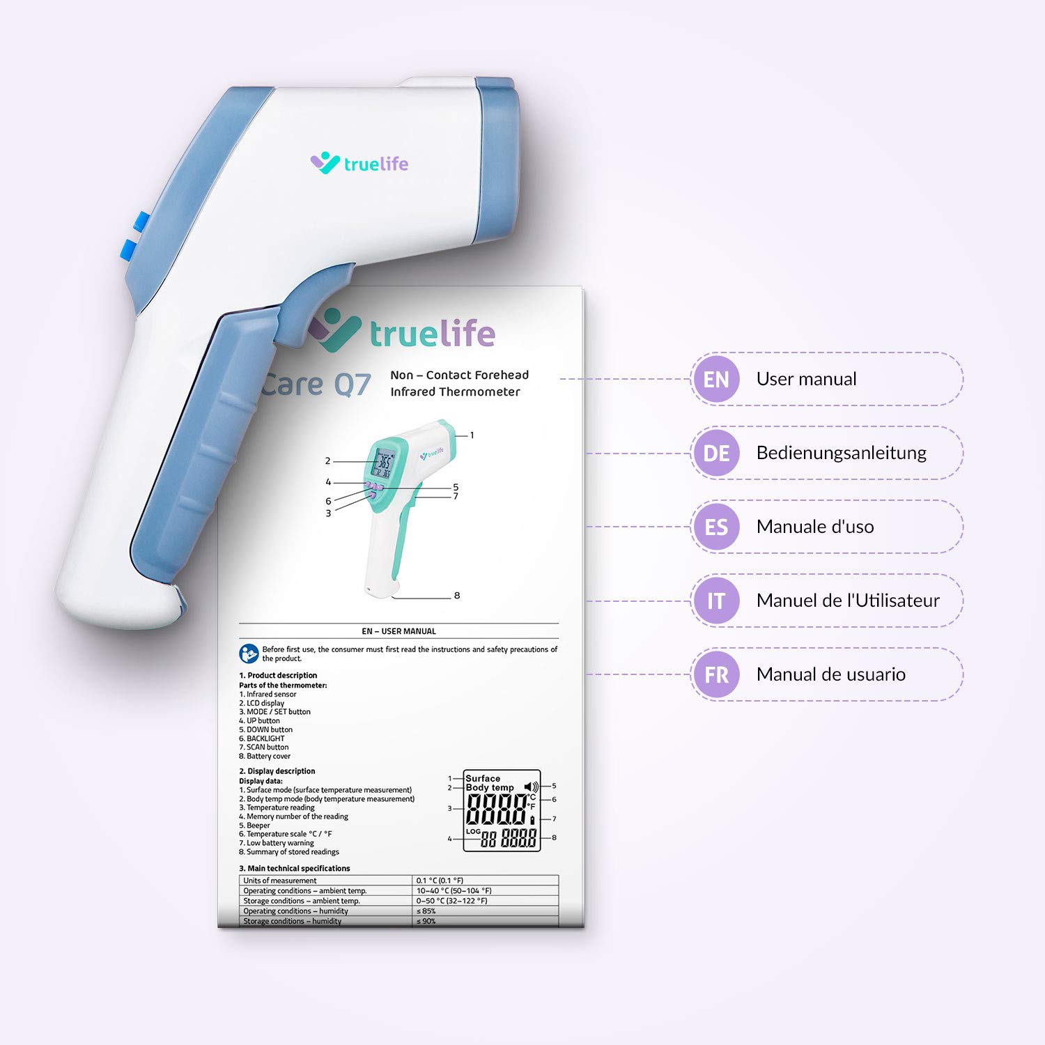 TrueLife Care Q7 Termómetro Médico Preciso Sin Contacto Por Infrarrojo Para Frente con Pantalla LCD Para Niños, Adultos, Leche y Comida | CE, RoHS, ISO, SÚKL aprobado