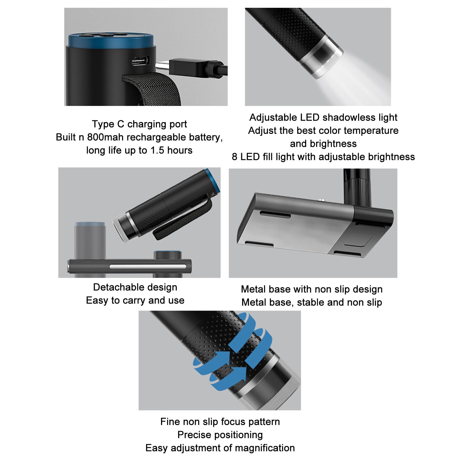 Microscopio Digital WiFi, HD 1080P 50 a 1000X Aumento Inalámbrico USB Portátil Microscopio de Bolsillo Cámara con 8 LED Soporte de Metal Ajustable y Bolsa de Transporte (Negro)