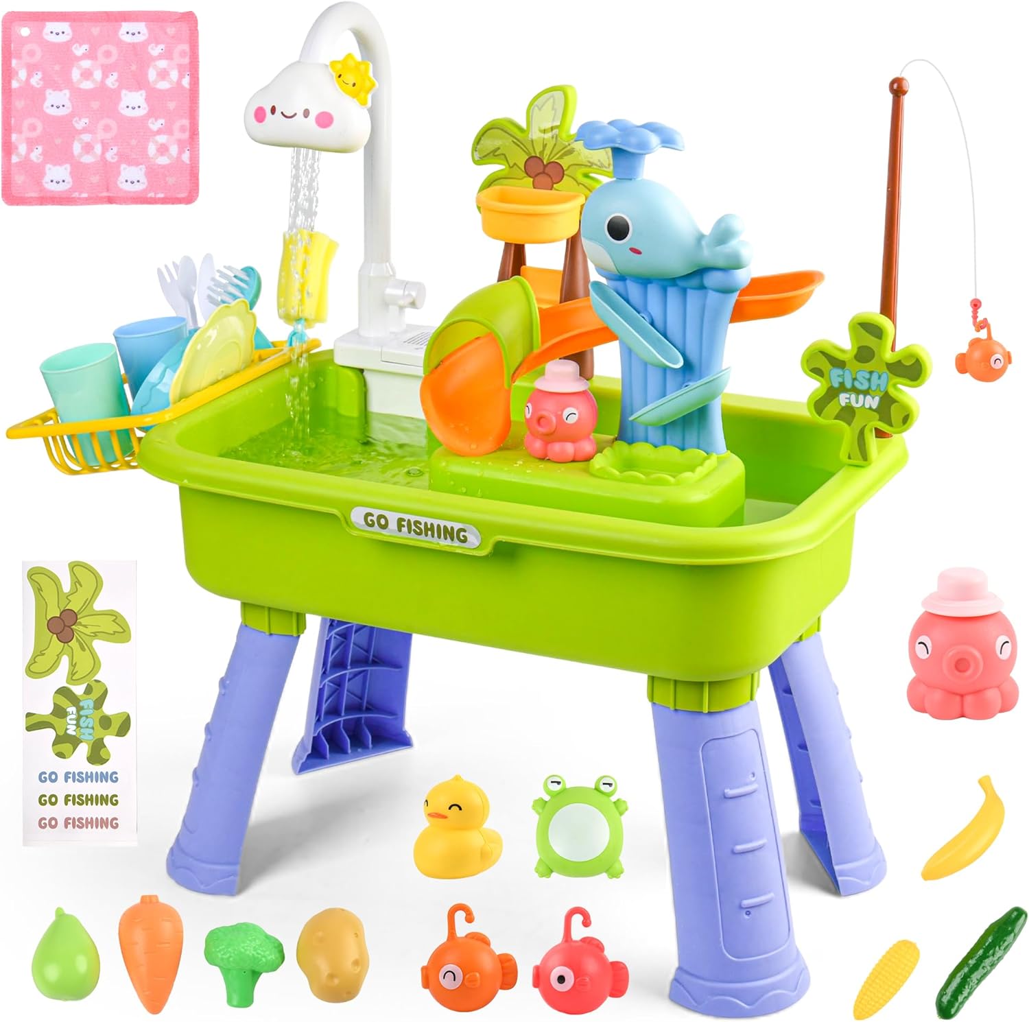 Upgraded Toddler Sand Water Table Toy with Electric Water Pump, Kids Sand Water with Faucet/Play Food Accessories/Fishing Toy, Kitchen Play Sink Toys for Girl Boy Age 3+ (Green)