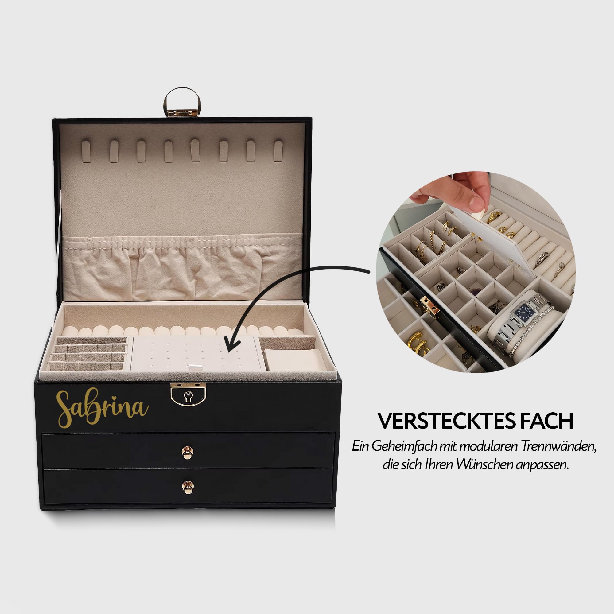BS Schmuckkästchen für Damen und Mädchen | Personalisierte Schmuckschatulle mit Vornamen für Geschenk - Party | abschließbare Schmuckaufbewahrung mit Schlüssel, veganes Leder, Schmuckorganizer