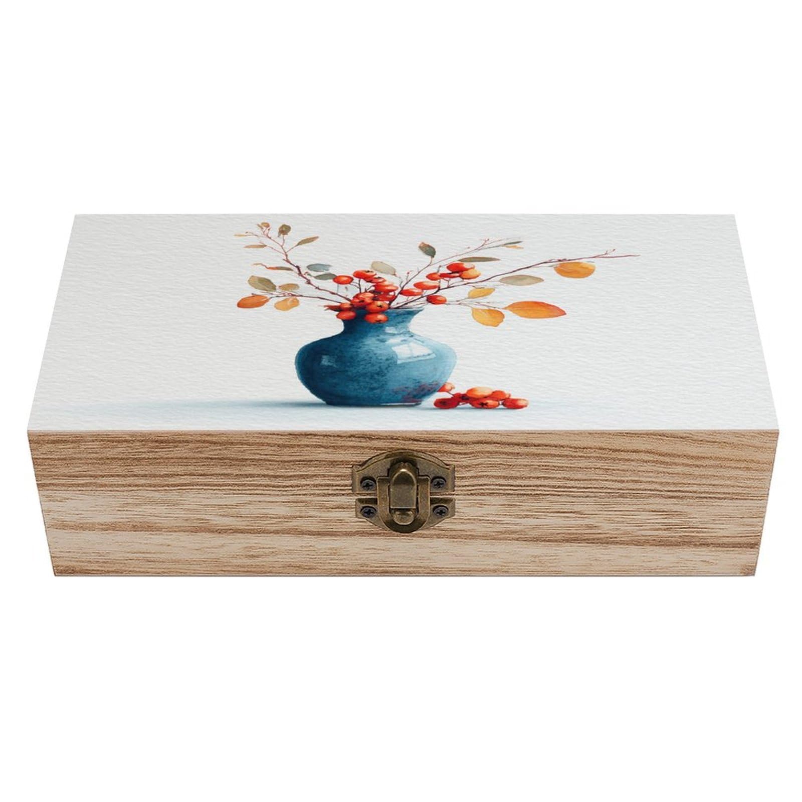 Blue Ceramic Vase with Red Berries Wooden Storage Box with Hinged Lid