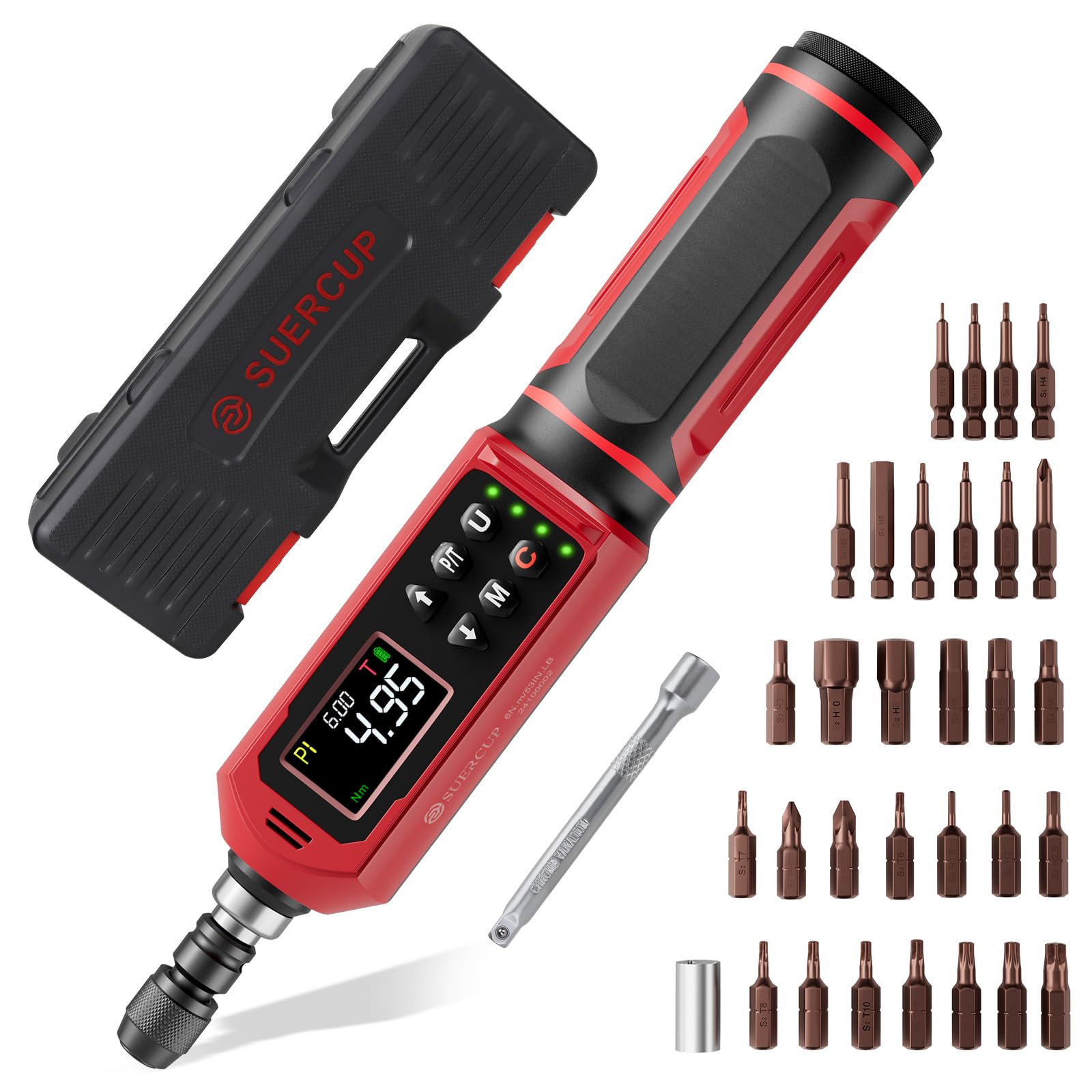SUERCUP Digital Torque Screwdriver 0.09-6Nm Torque Wrench Set with LED Alarm, Buzzer, Vibration, 9 Preset Modes and Data Storage, for Bicycle, Guns