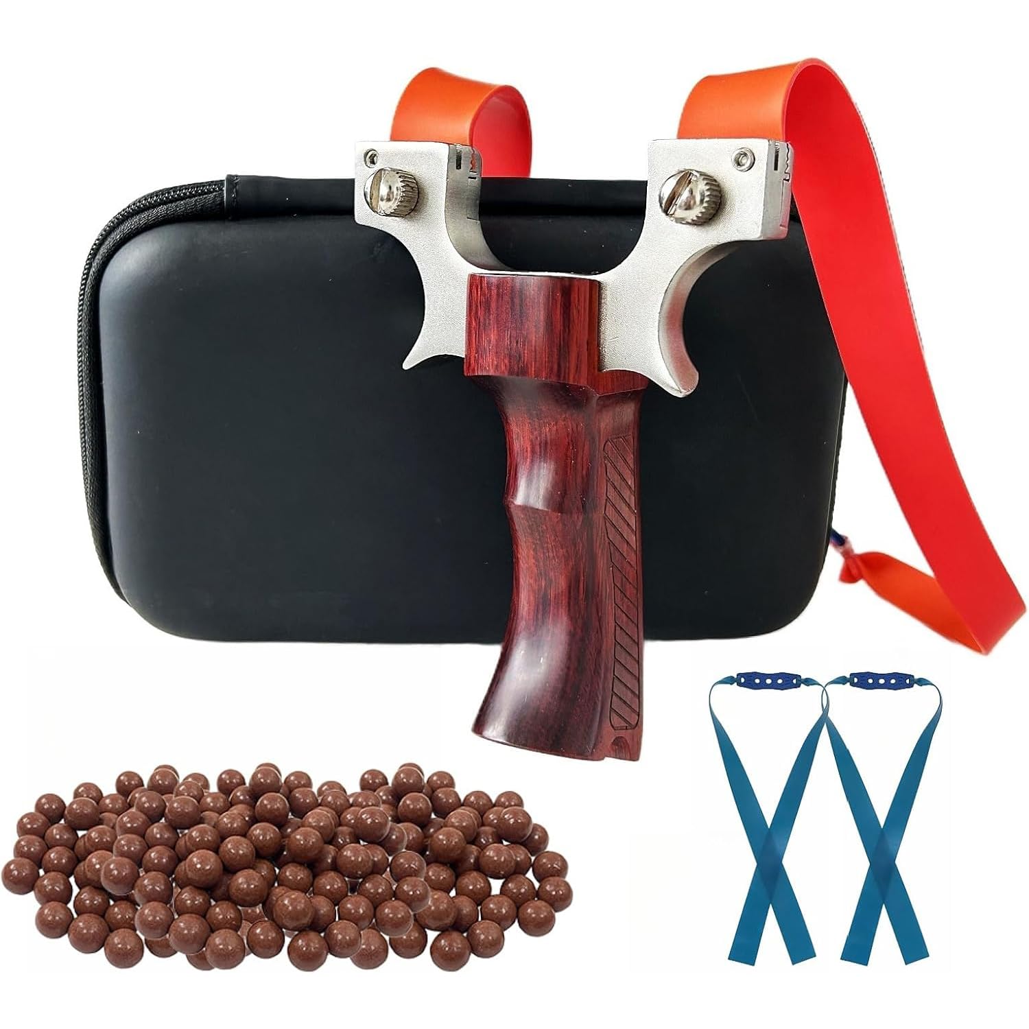 Zwille Steinschleuder Profi für Slingshot Clip-Anbindungstechnik Schleuder aus Edelstahl Holz Griff Katapult Set mit Gummibänder Tonkugeln für Erwachsene Outdoor Sport
