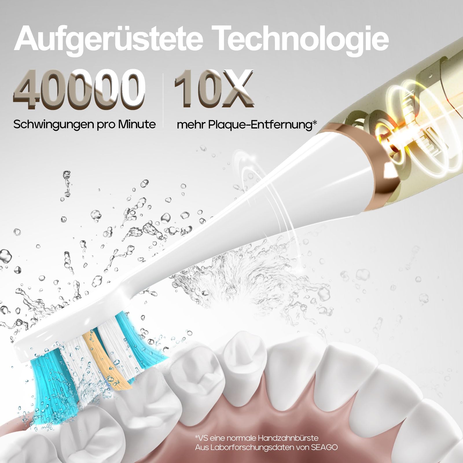 Seago Elektrische UltraschallZahnbürste, Drucksensorerinnerung und Bürstenköpfe Ersatzerinnerung, 8 Bürstenköpfe, 5 Modi und Nahtlose Taste, Schallzahnbürste für Erwachsene, SG2753 (Beige)