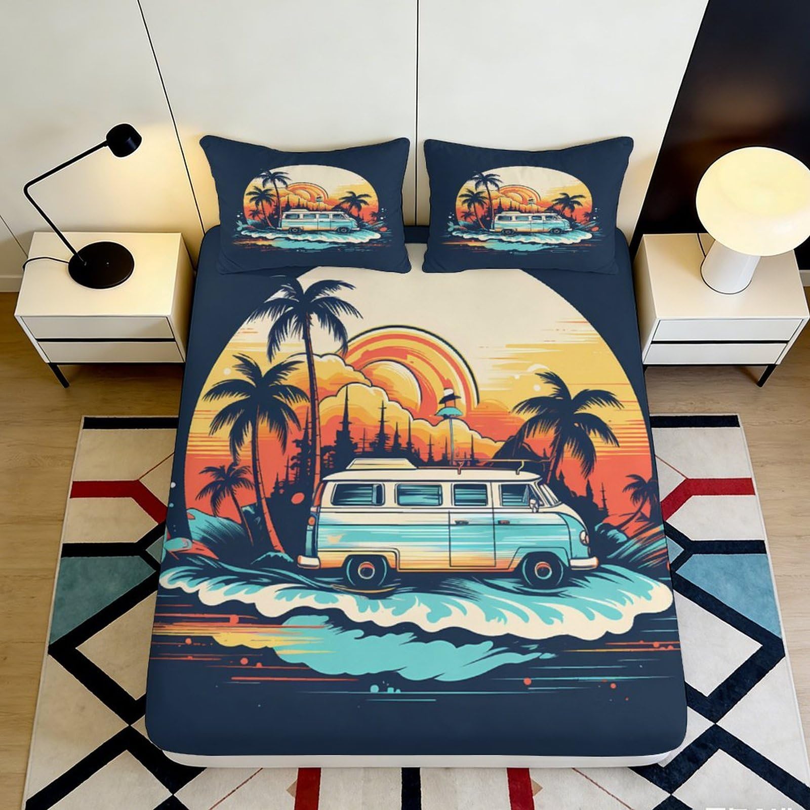 3D Printed Retro Van Sunset Fitted Sheet Microfiber Palm Beach Bed Cover for Bedroom Guestroom Decor 90x200x25cm