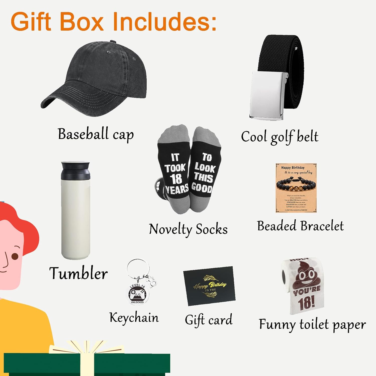Happy 18th Birthday Gifts Set for Boys 18 Years Old Boy Birthday Gift Ideas with Tumbler Golf Belt Funny Socks Hat Toilet Paper Bracelet Keychain for Son Nephew Grandson