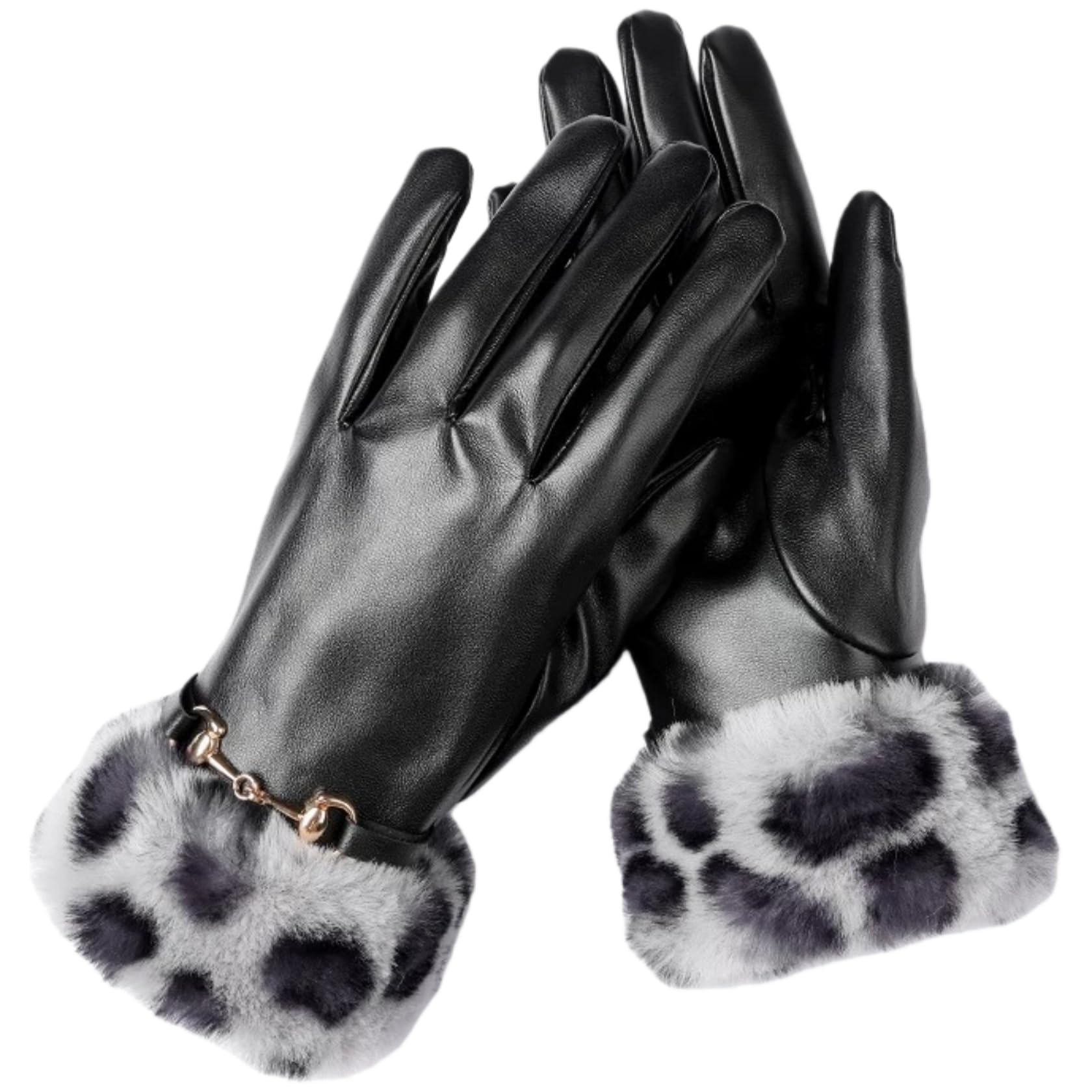 Yisenjee Women's Grey Leopard Print Gloves Leather Winter Pu Leather Leopard Print With Fur Edge And Metal Horseshoe Buckle, Fleece Lined For Warm Driving - Gray Leopard Print