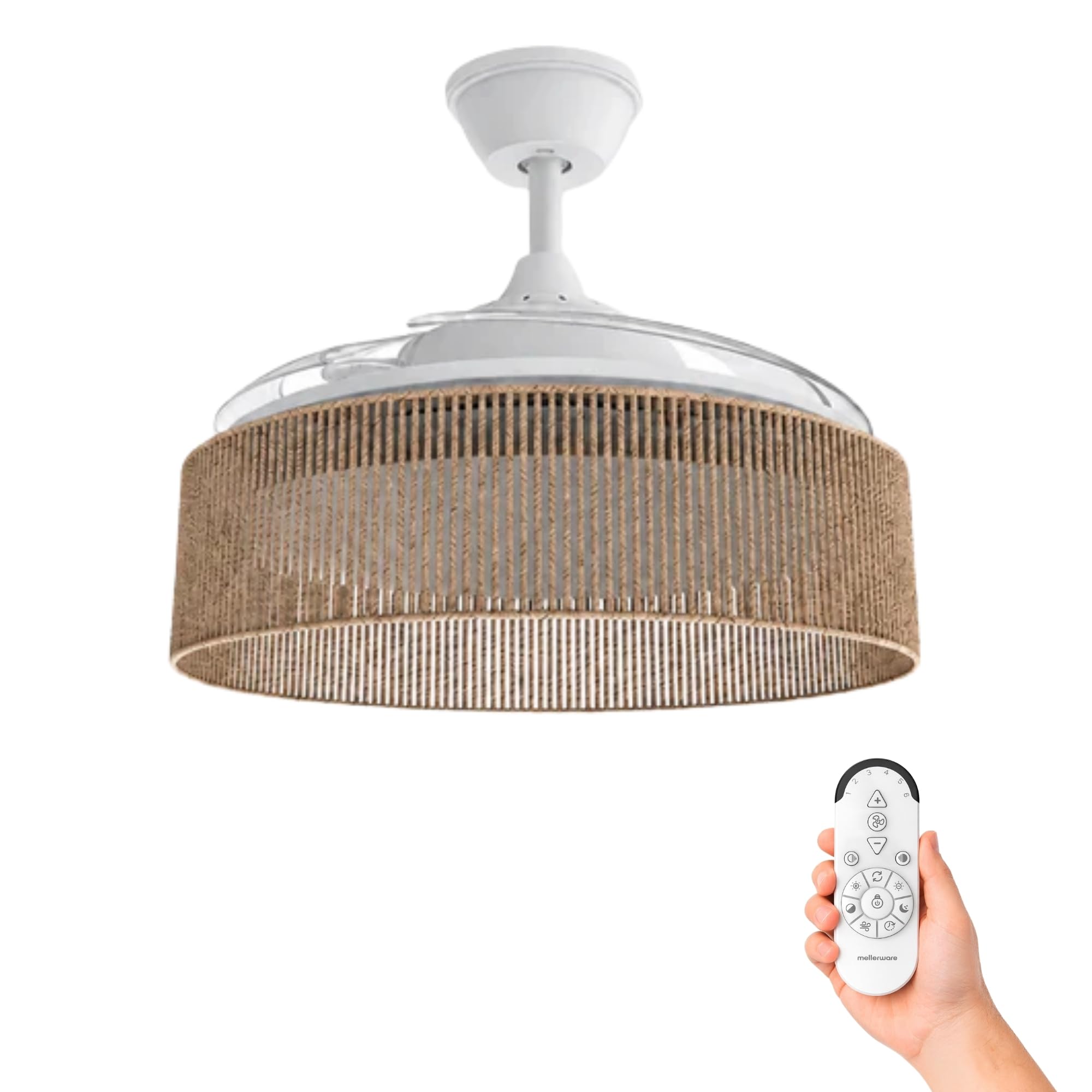 Mellerware - Ventilador de Techo con Luz y Lámpara Brizy Bright Rattan | 3 Aspas 106 de Diámetro| 40 W | 6 Velocidades Ultra Silencioso | Función Verano-Invierno | Temporizador | LED