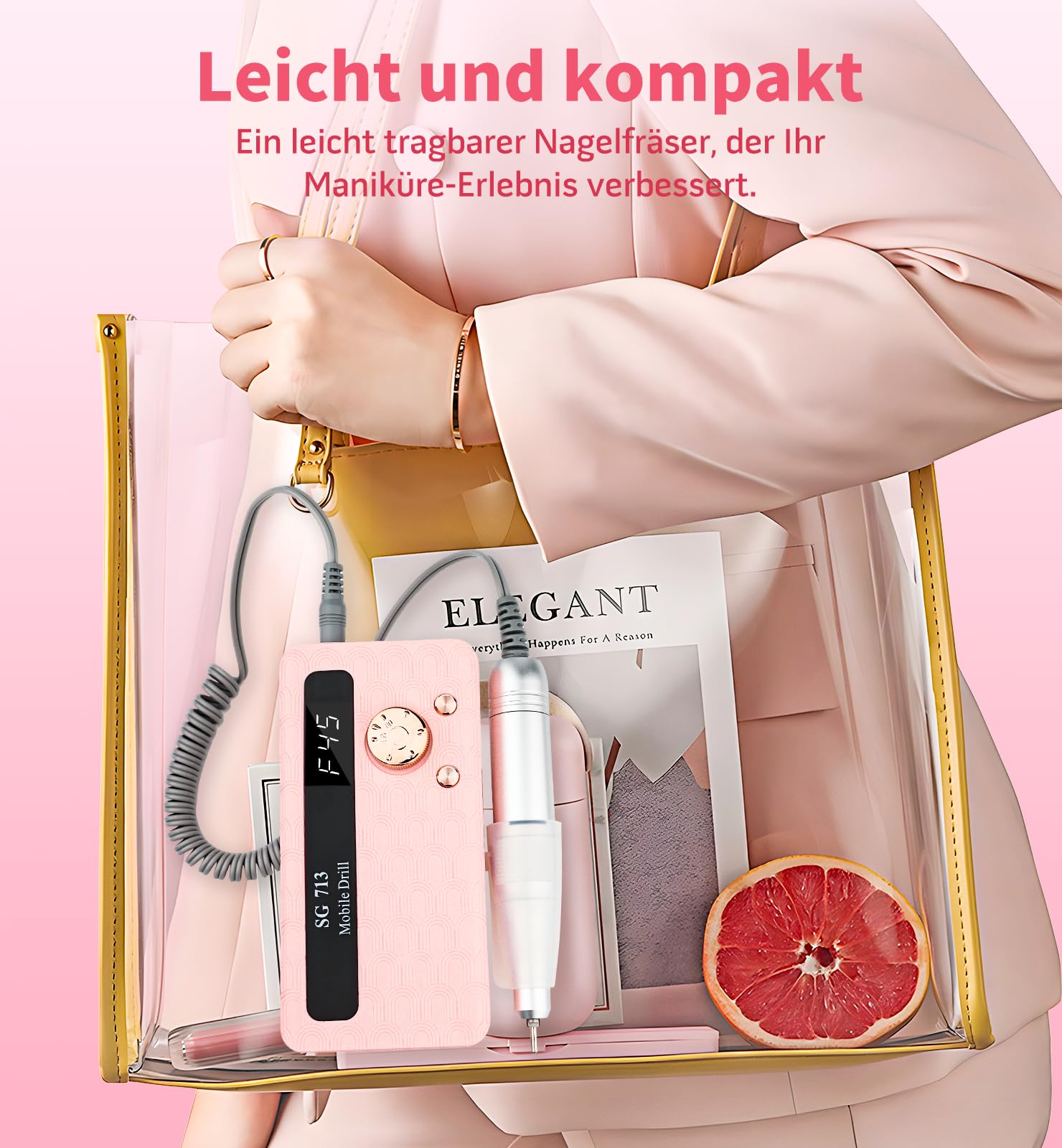 Ziweo Nagelfräser, Elektrische Nagelfeile 45000U/Min mit LED Display, Tragbare Nagelfräser für Gelnägel Wiederaufladbare Maniküre Set für Nagelhaut Shellac Acrylgel