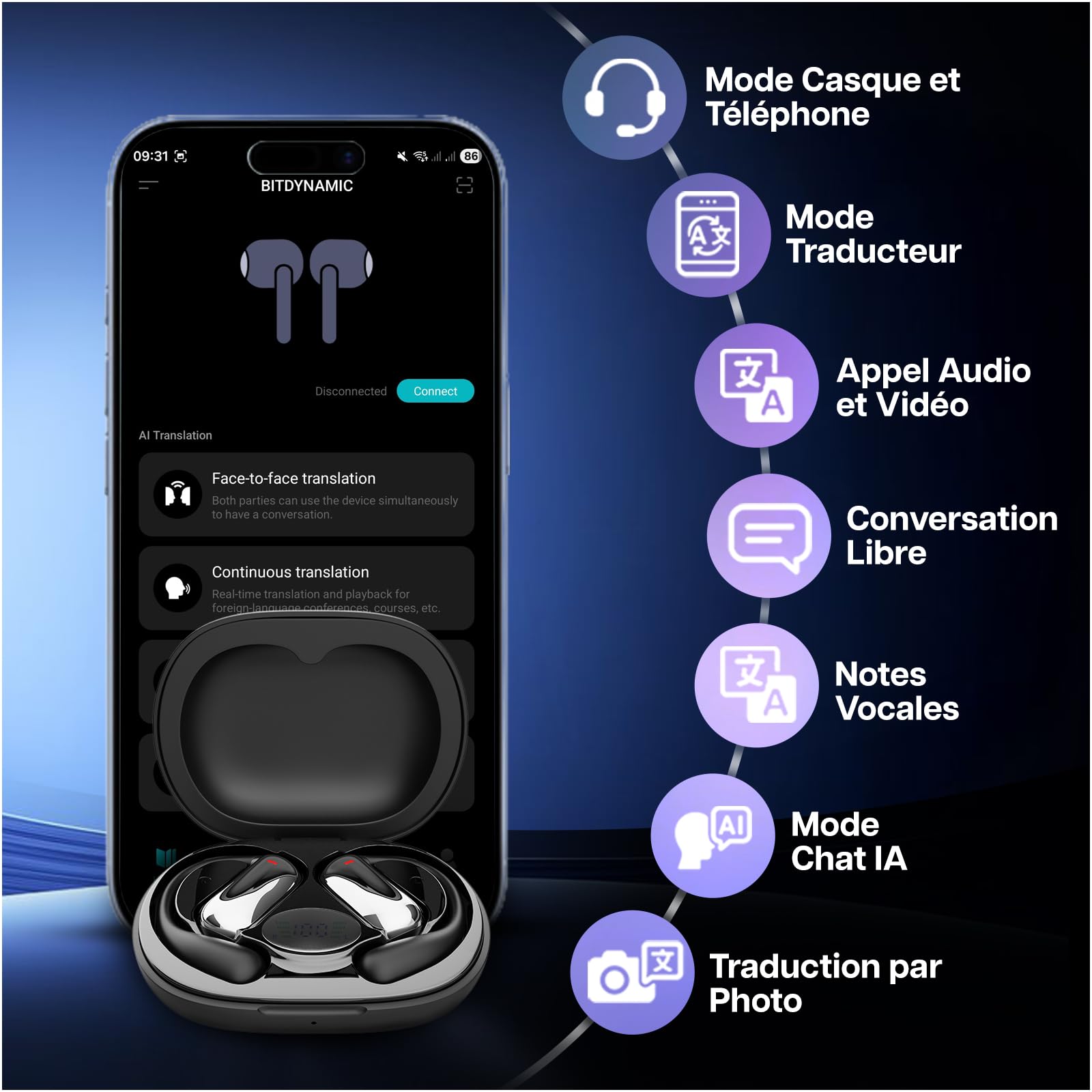 MMOBIEL Écouteurs Traducteurs IA Instantanés Traduction en Temps Réel 148 Langues, Bluetooth, Casque Open-Ear – 90 h Veille, 400 mAh – pour Musique, Appels, Traduction, Voyage & Travail