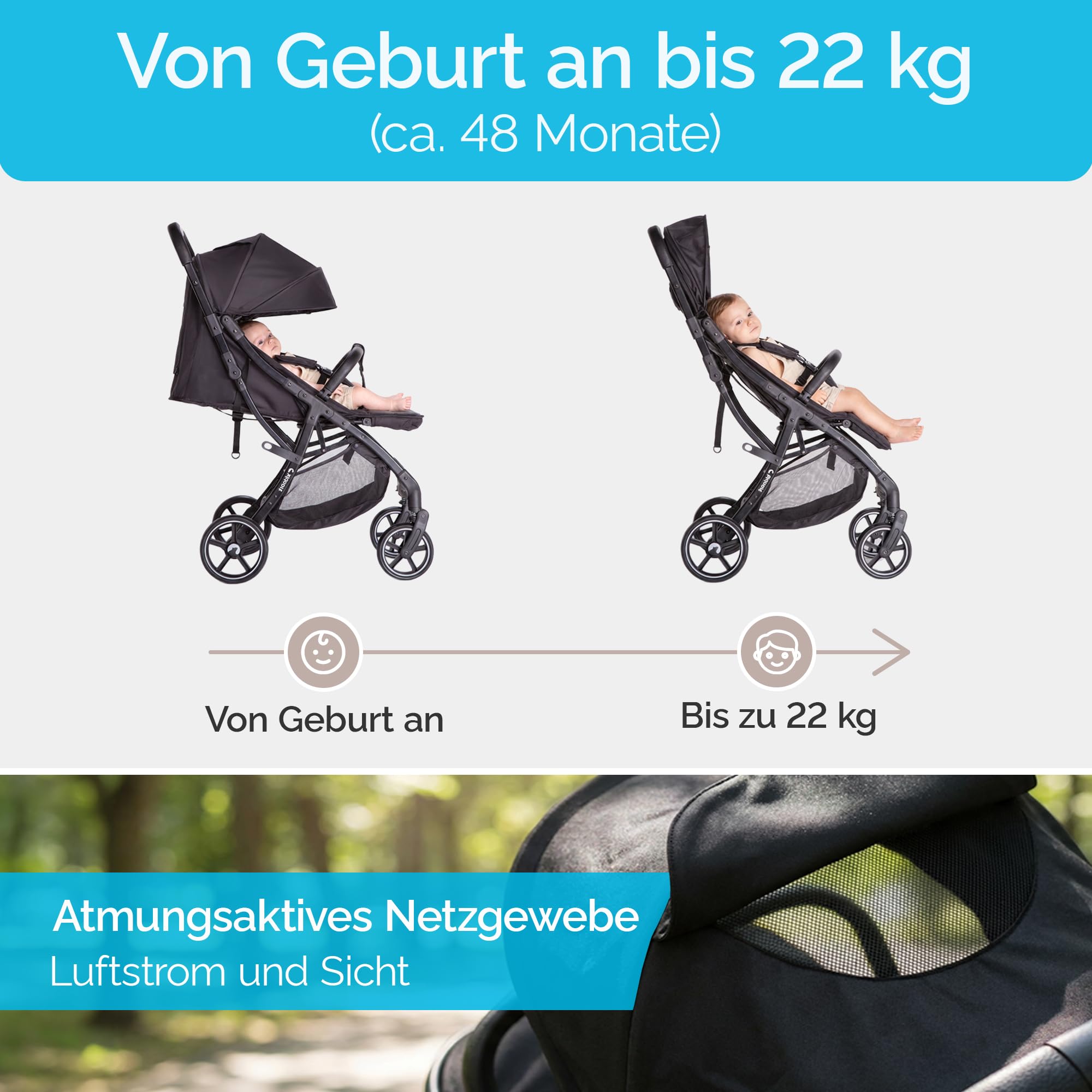 Fjällräv Buggy leicht faltbar ab Geburt bis 22 kg mit Liegefunktion, 5-Punkt-Gurt, verstellbarer Rückenlehne und Fußstütze, Belüftungsfenster, Zubehörset Grün