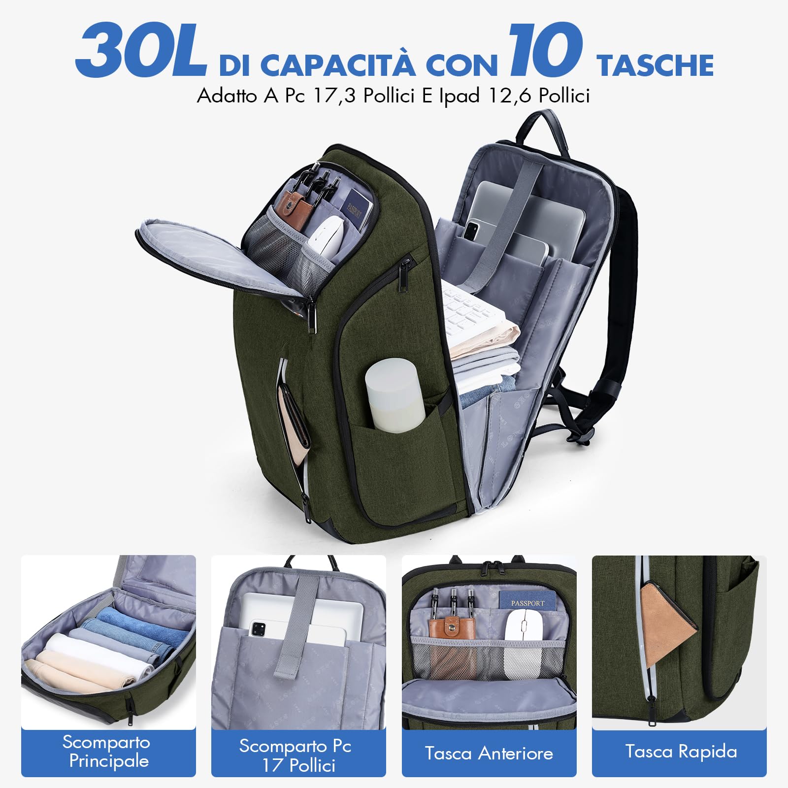 Ponhog Zaino Uomo Porta PC 17 Pollici - Zaino da Viaggio Idrorepellente, Apertura 180° e Design Antifurto, Capacità 30L, Verde