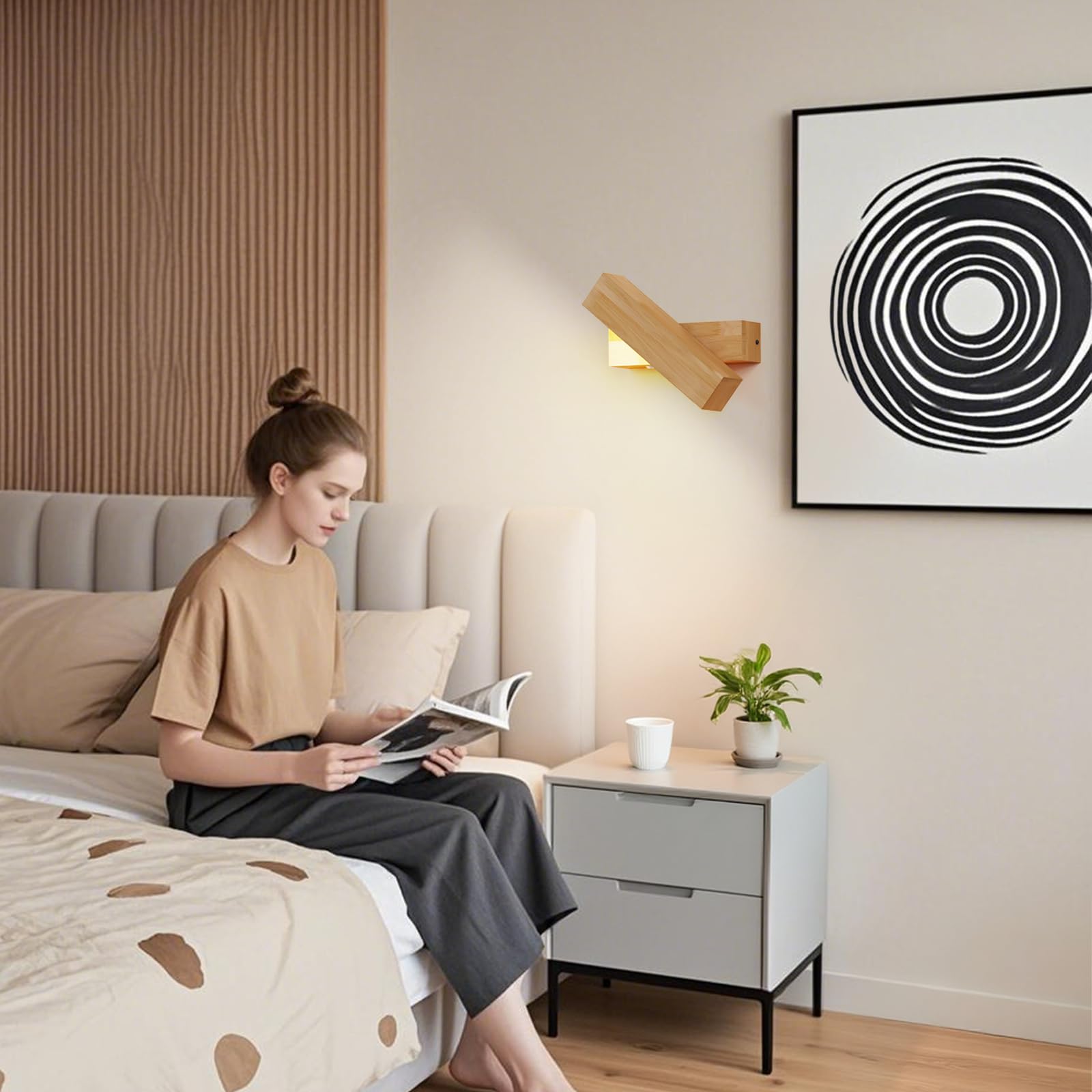 Applique da Parete Interno in Legno 8W, Touch Dimmerabile, Luce Calda 3000K | Lampada da Comodino a Muro, Ruotabile 270°, Paralume in Acrilico per Camera da Letto, Soggiorno, Angolo Lettura, 21.5 * 4.5cm