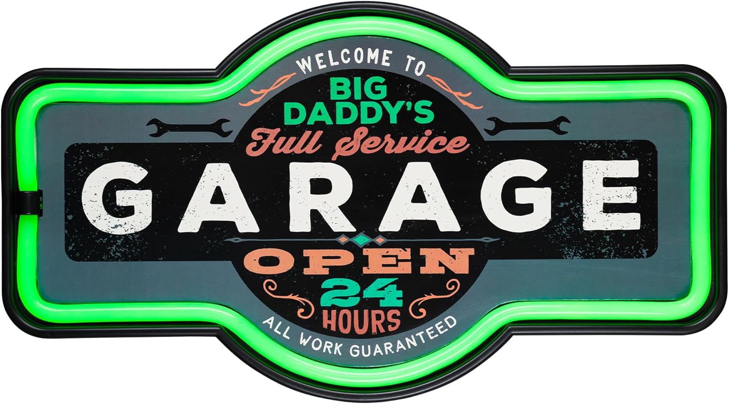 Letrero de pared LED con luz de neón de Big Daddy’s Full Service Garage – 17.25″ – Verde
