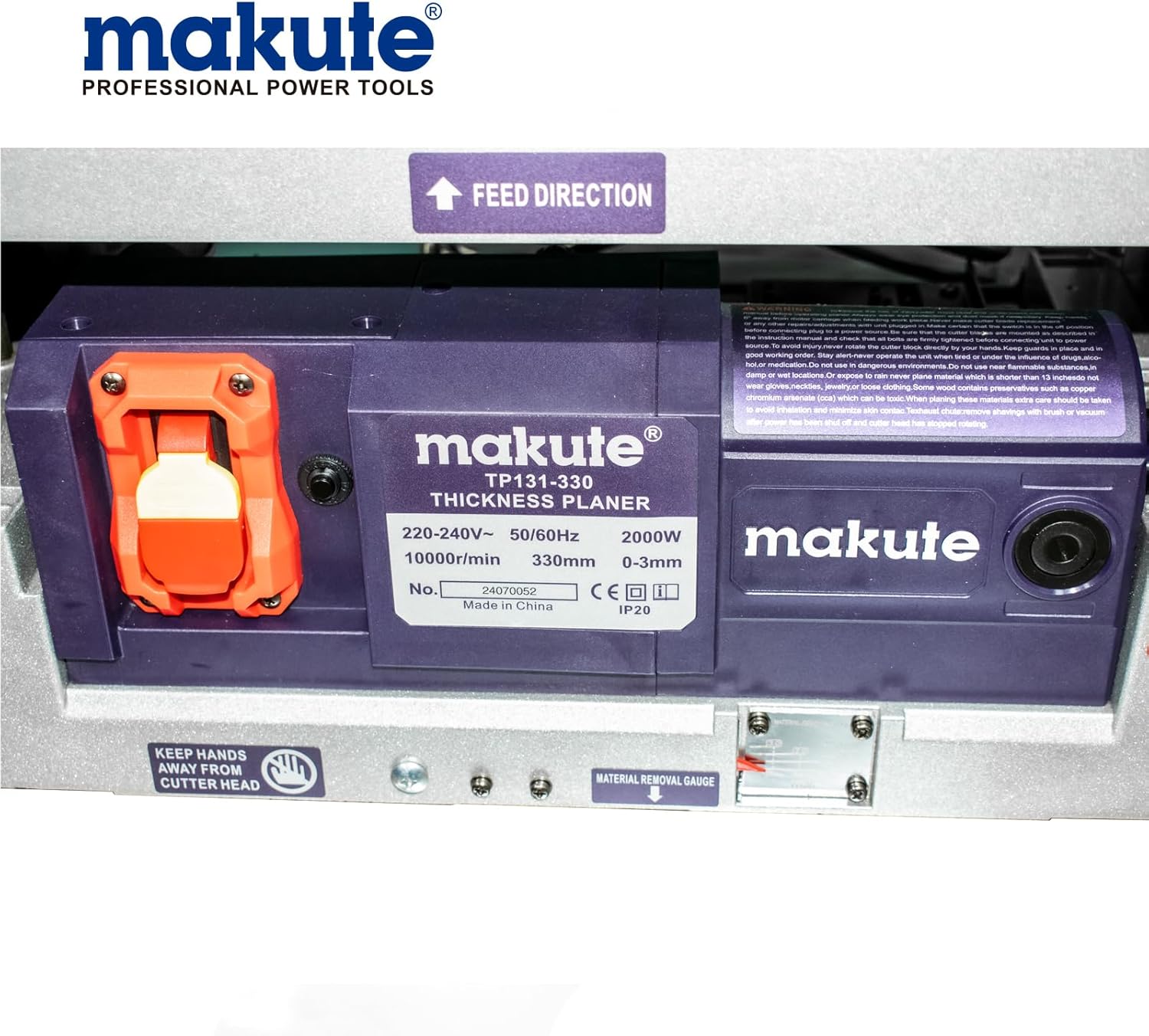 Makute TP131-330 Wood Planer, close-up of control panel and specifications label