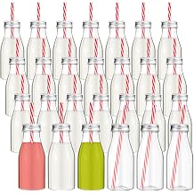 Irenare 40 Sets Plastic Small Milk Bottles with Straws and Metal Lids Clear Plastic Bottle for Dairy Milk Party Bottle for Milk Juices Shakes Smoothies, 40 Bottles and 40 Straws Silver,8 oz