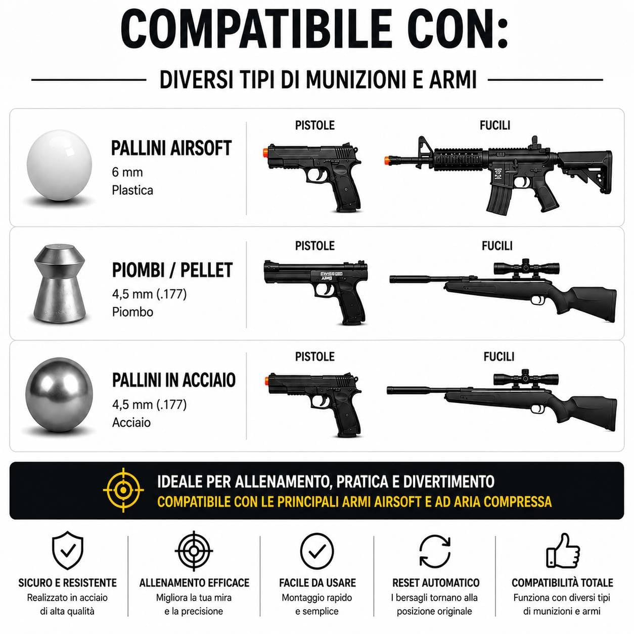Bersaglio Metallico Mobile 8 Target Girevoli Pannello Fisso 14x14 cm Tiro Sportivo Aria Compressa Airsoft