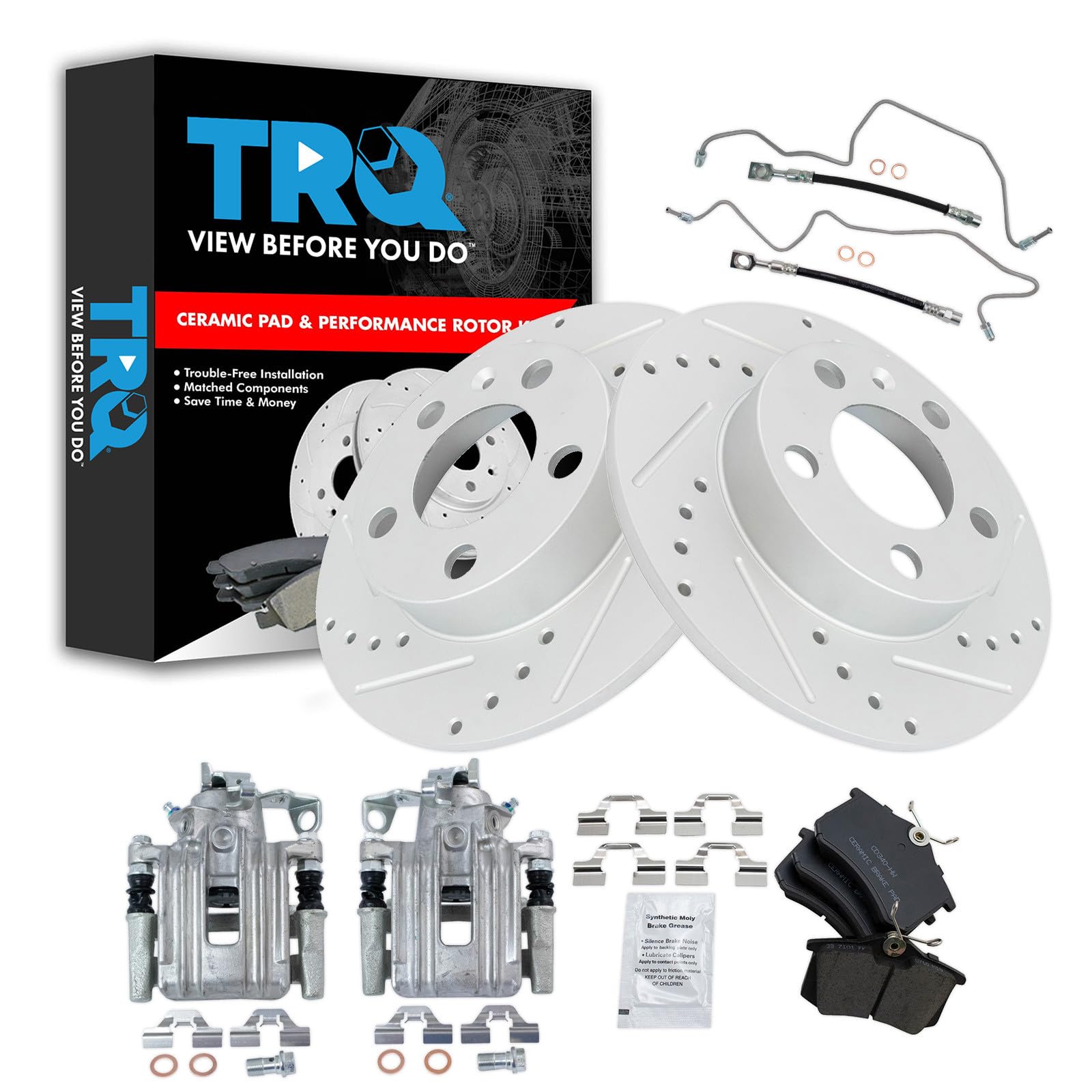 TRQ Performance Rear Brake Pad and Rotor Set Ceramic Slotted Drilled Calipers Compatible with 1999 Volkswagen Jetta