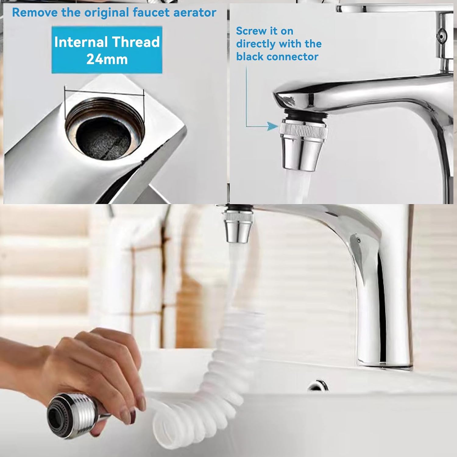 Sink Faucet Attachment, ABS Plastic with 55" Recoil Hose for Kitchen | Spray Mode, Rinser Mode, Stretchable Hose, External Thread 22mm, Internal Thread 24mm, for Bathroom Garden Garage