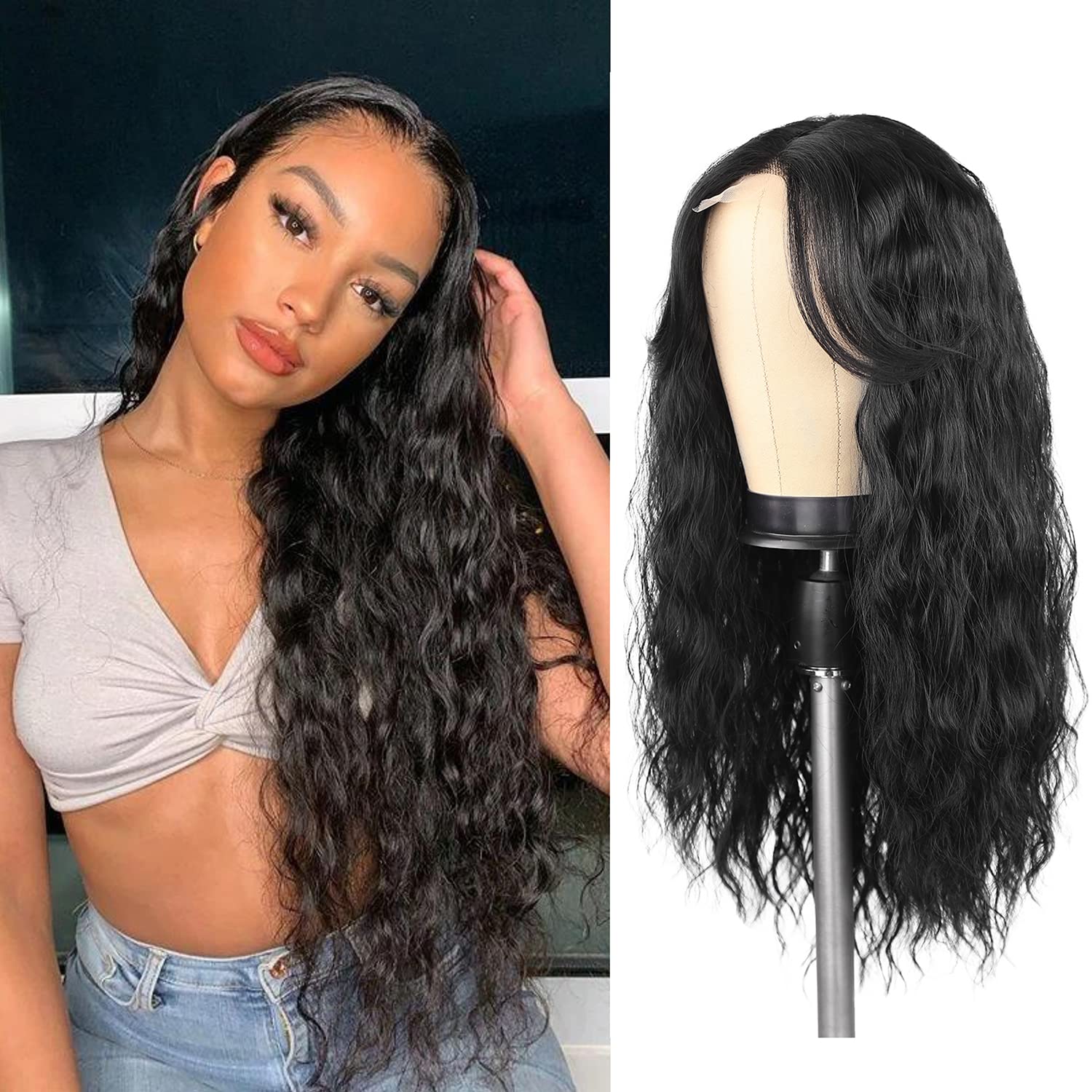Hanne FashionBlack Lace Front Wigs Natural Wave Wig for Women Glueless HD Transparent Lace Frontal Wigs Curly Synthetic Hair Wig with Bangs Middle Parting Long Curly Wigs for Daily Party Use 1B