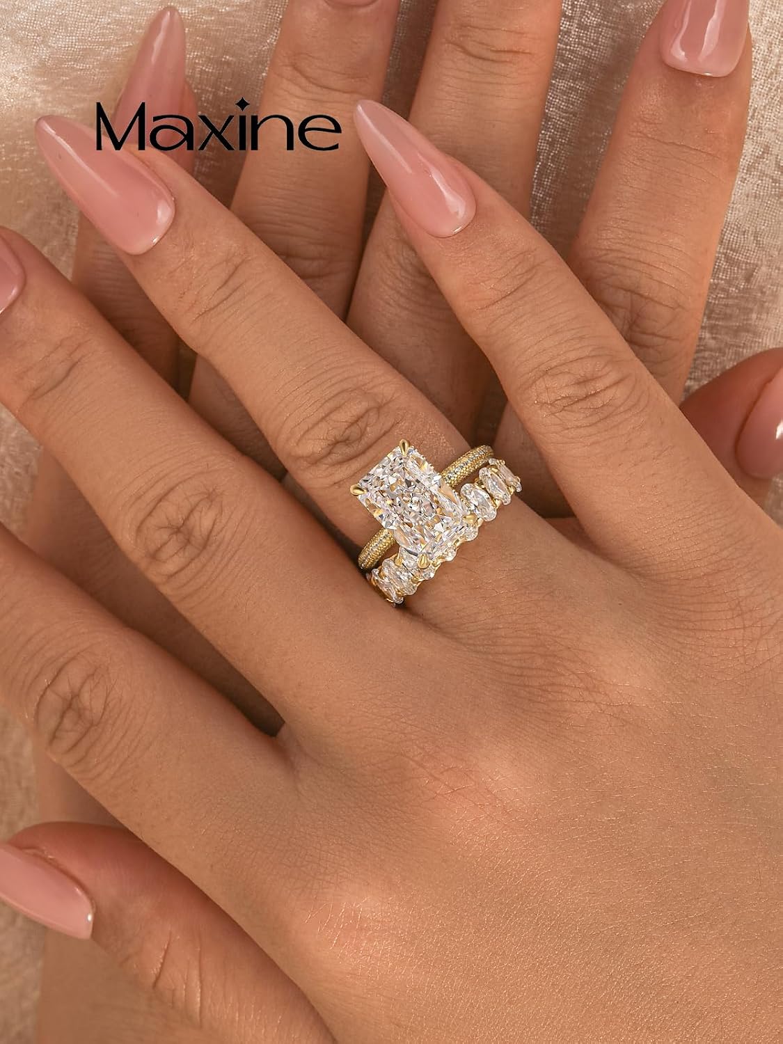 Maxinejewelry 4.5 Carat Radiant Cut Wedding Ring Set for Women,Extra-thick Gold Plated S925 Silver Engagement Ring and Half Eternity Wedding Band Set