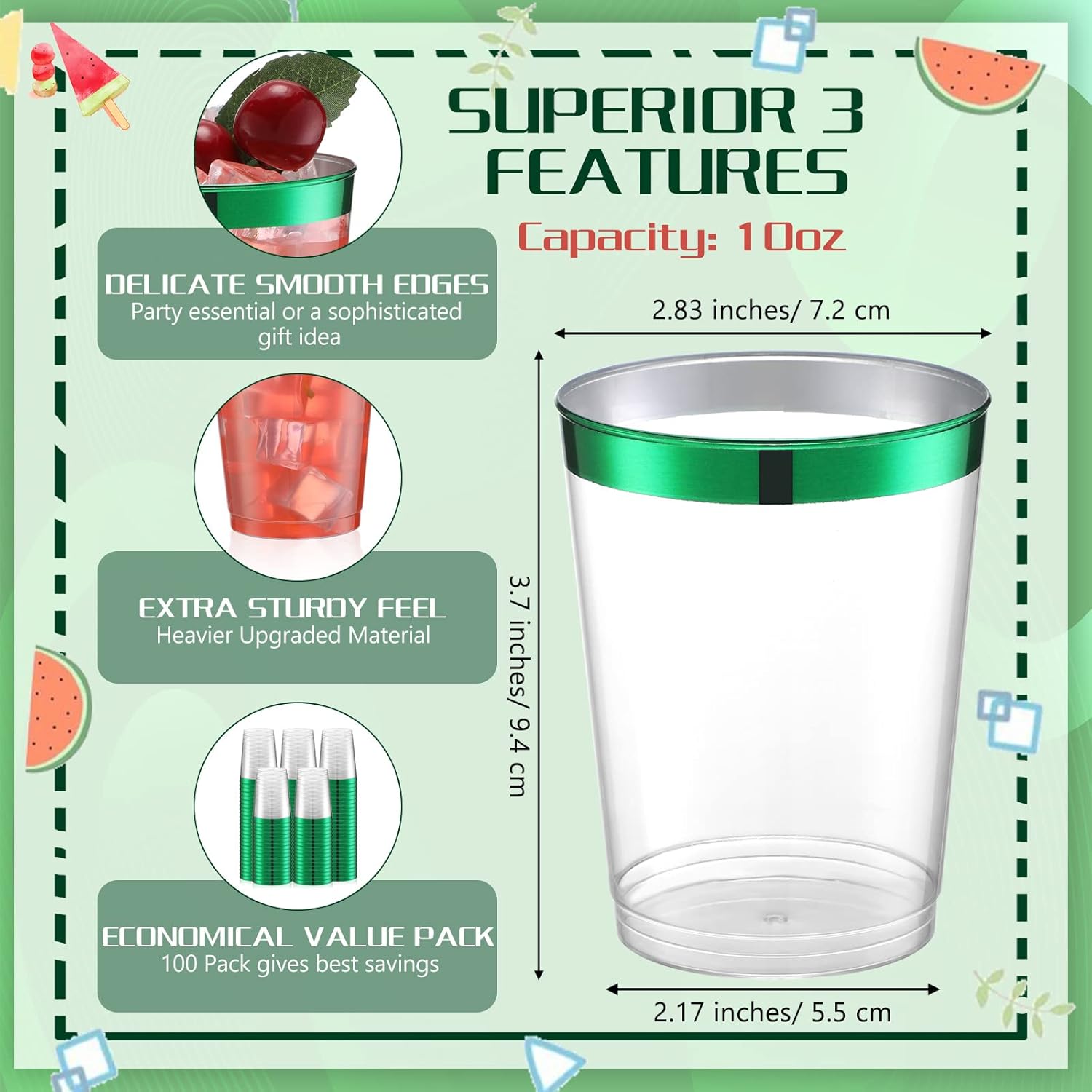 Gerrii 100 Pcs 10oz Plastic Cups Disposable Fancy Rimmed Cups Elegant Clear Drinking Tumblers for Wedding, Birthday, Halloween, Christmas, Graduation Party(Green) - Image 2
