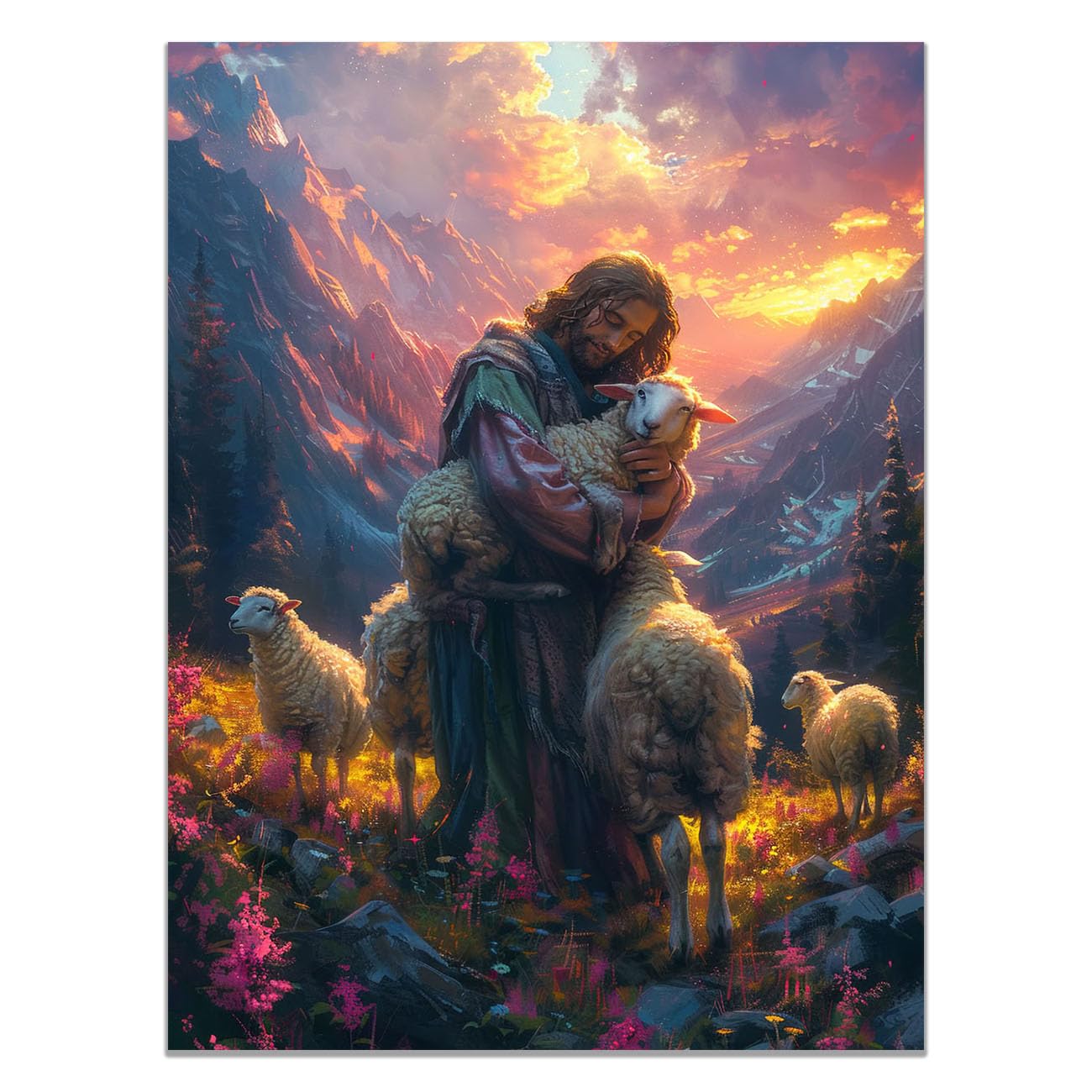 QUSAAOU Jesus Canvas Wall Art Jesus with Animals Picture Prints God Posters Catholic Artwork for Spiritual Room Bedroom Home Decor(violet)-80x120cm Unframed