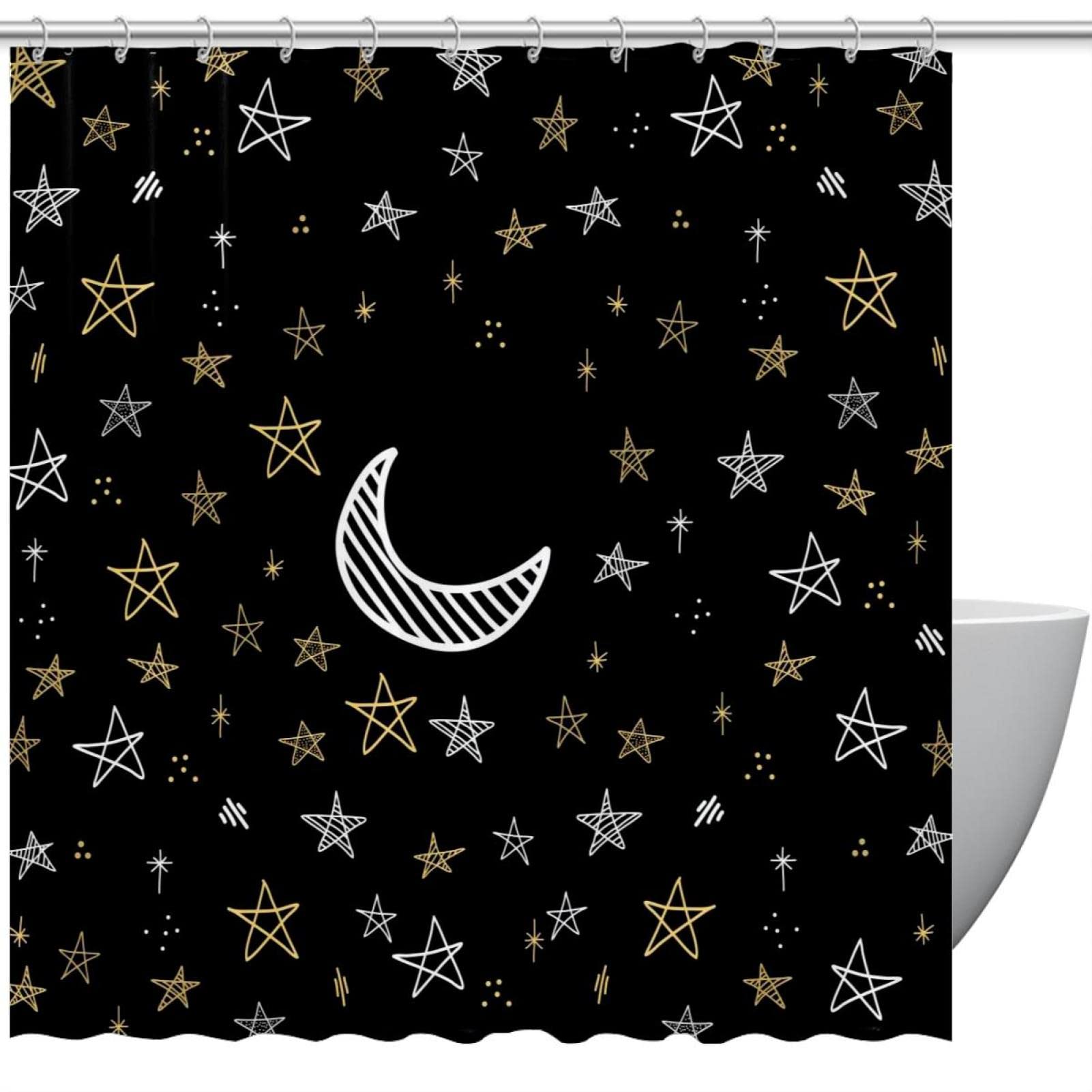 Rideau de douche imperméable pour éviter les fuites d'eau avec motif lune et étoiles