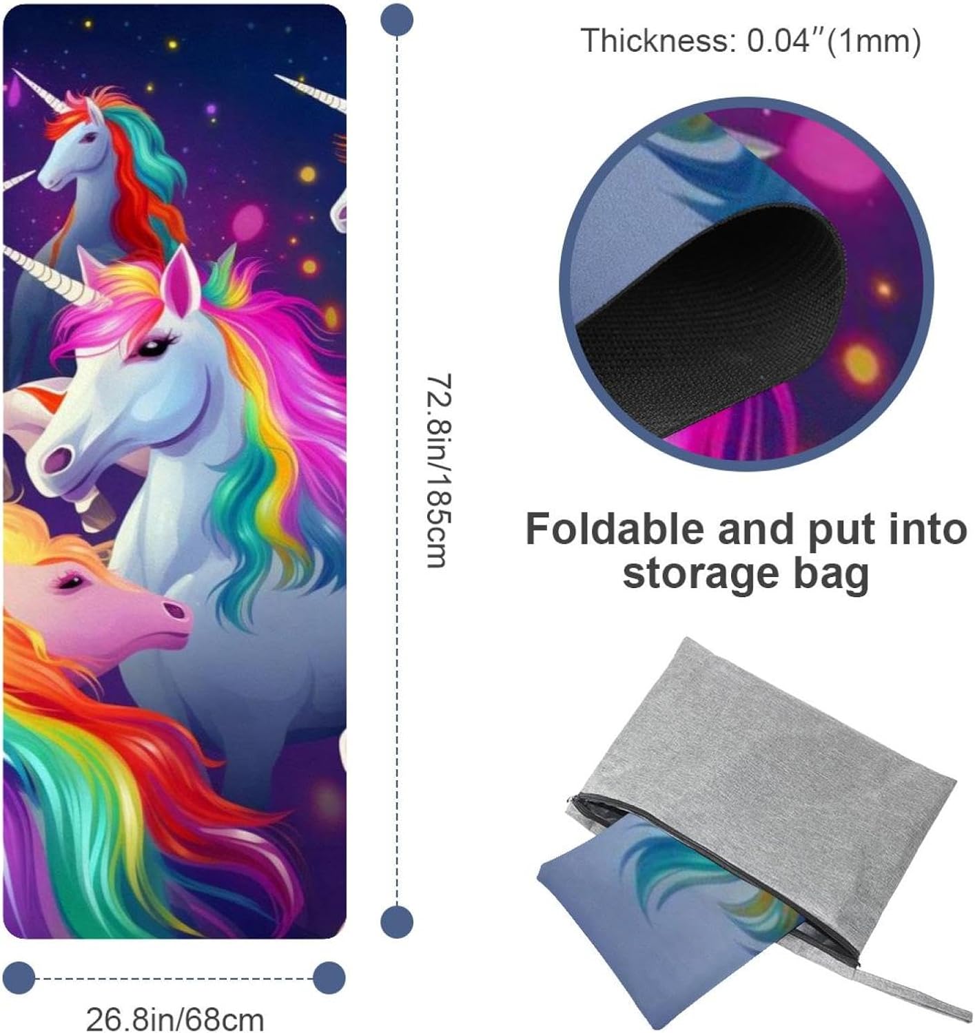 Yoga Towel, Rainbow Unicorn Pattern Non Slip Sweat Absorbent Hot Yoga Mat Towel for Hot Yoga, Pilates and Fitness - 72.8" x 26.8"