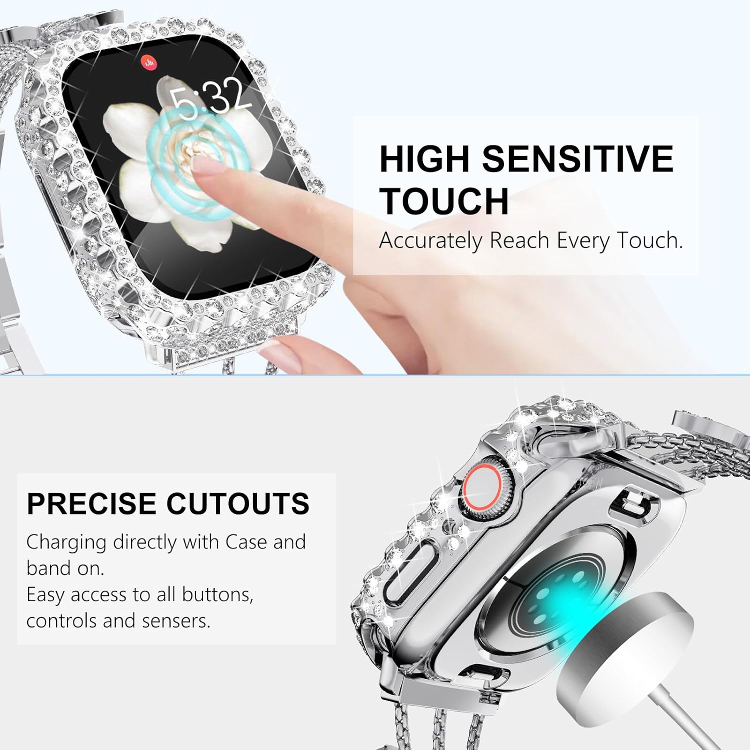 WINGLE 2 in 1 Waterproof Case for Apple Watch 44mm Screen Protector SE 3/2/1 Series 6 5 4, Bling Lace Edge Diamond Face Cover Full Glitter Rhinestone Protective Bumper for iWatch Women, 44 mm Silver image 5