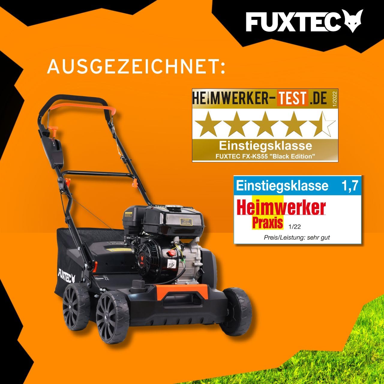 FUXTEC Vertikutierer 3in1 FX-BV240 4-Takt-Motor 4,1kW 18 Messer und 24 gefederte Krallen Front-Tragegriff und 45L Fangkorb