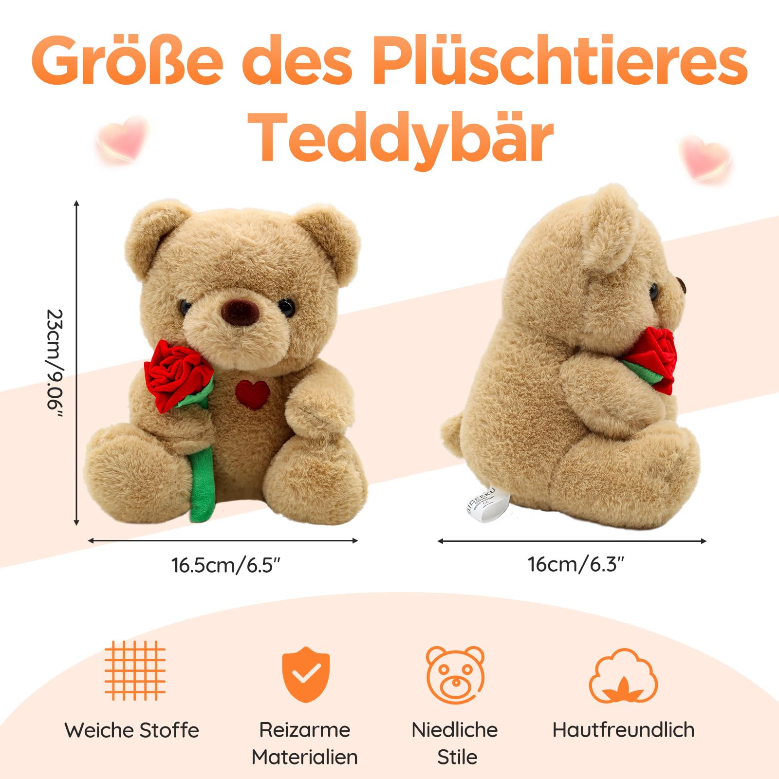 Zhuporn Orsacchiotto Peluche con Rosa, 25CM Orso di Peluce per San Valentino, Orso de Peluche Peluch Morbida, Orsacchiotto Rosa, Adatto per Fidanzata Bambini Compleanno Sorprese Romantiche Natale